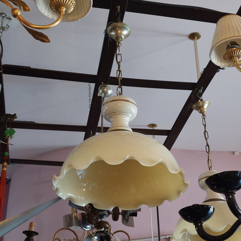 Lampadario Legno/porc Cupola Vetro Opalino 1/l Vi (68146)