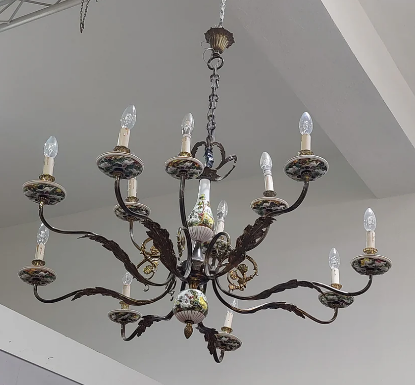 Lampadario Ottone/porcellana Capodimonte 12 Luci
