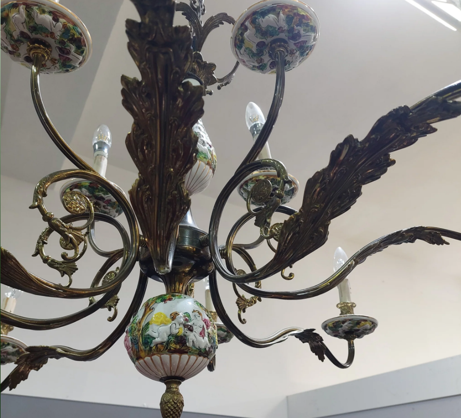 Lampadario Ottone/porcellana Capodimonte 12 Luci