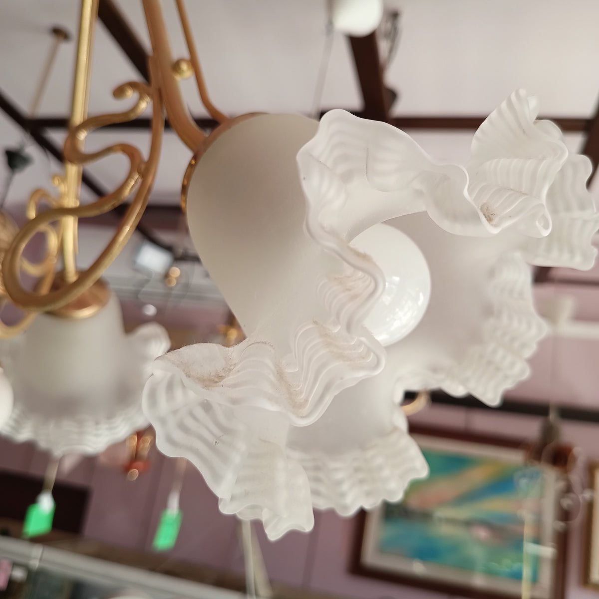 Lampadario Ottone Ceramica 3 Coppe Vetro Di Murano