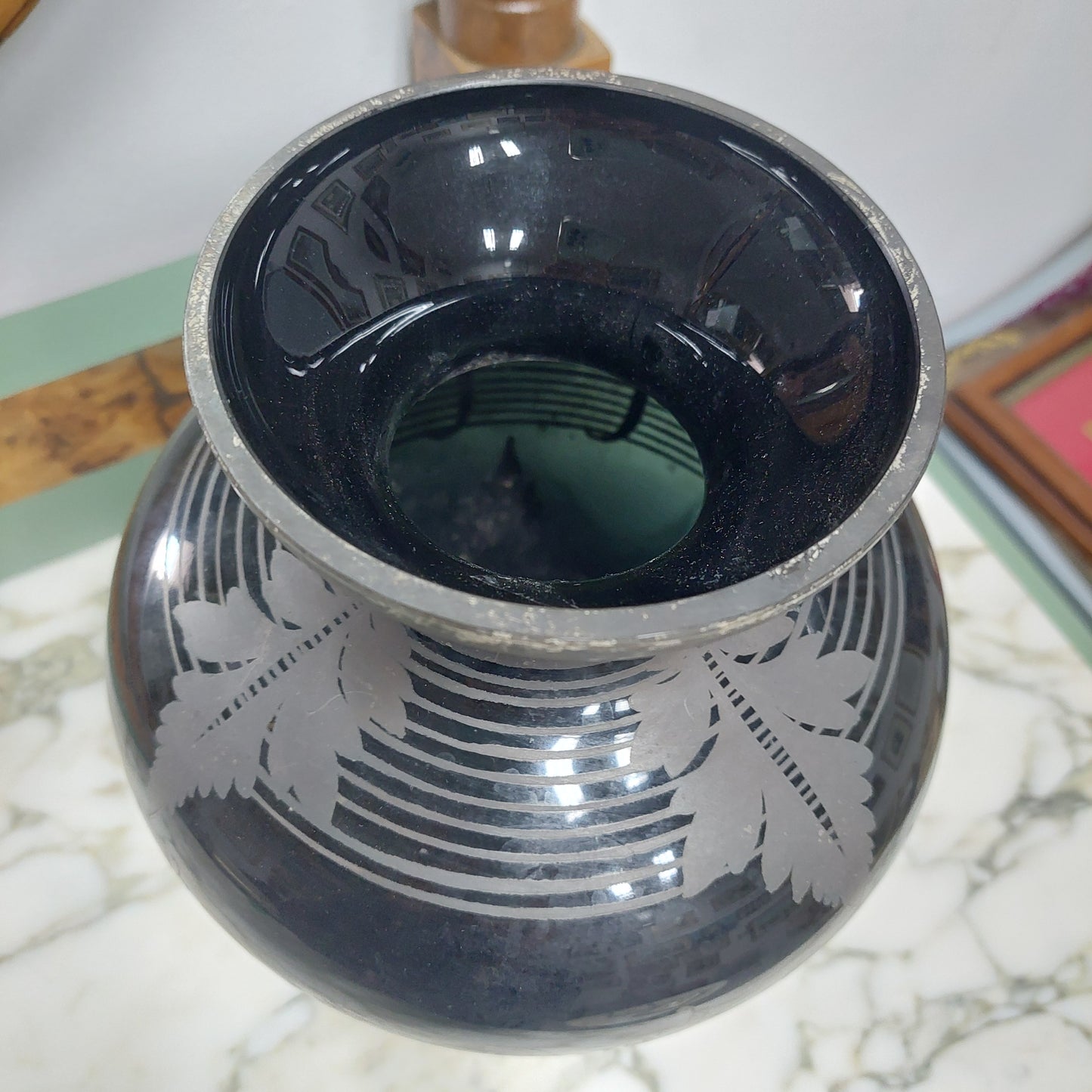Vaso Vetro Nero Ialitico Dec Argento Art Decò H27