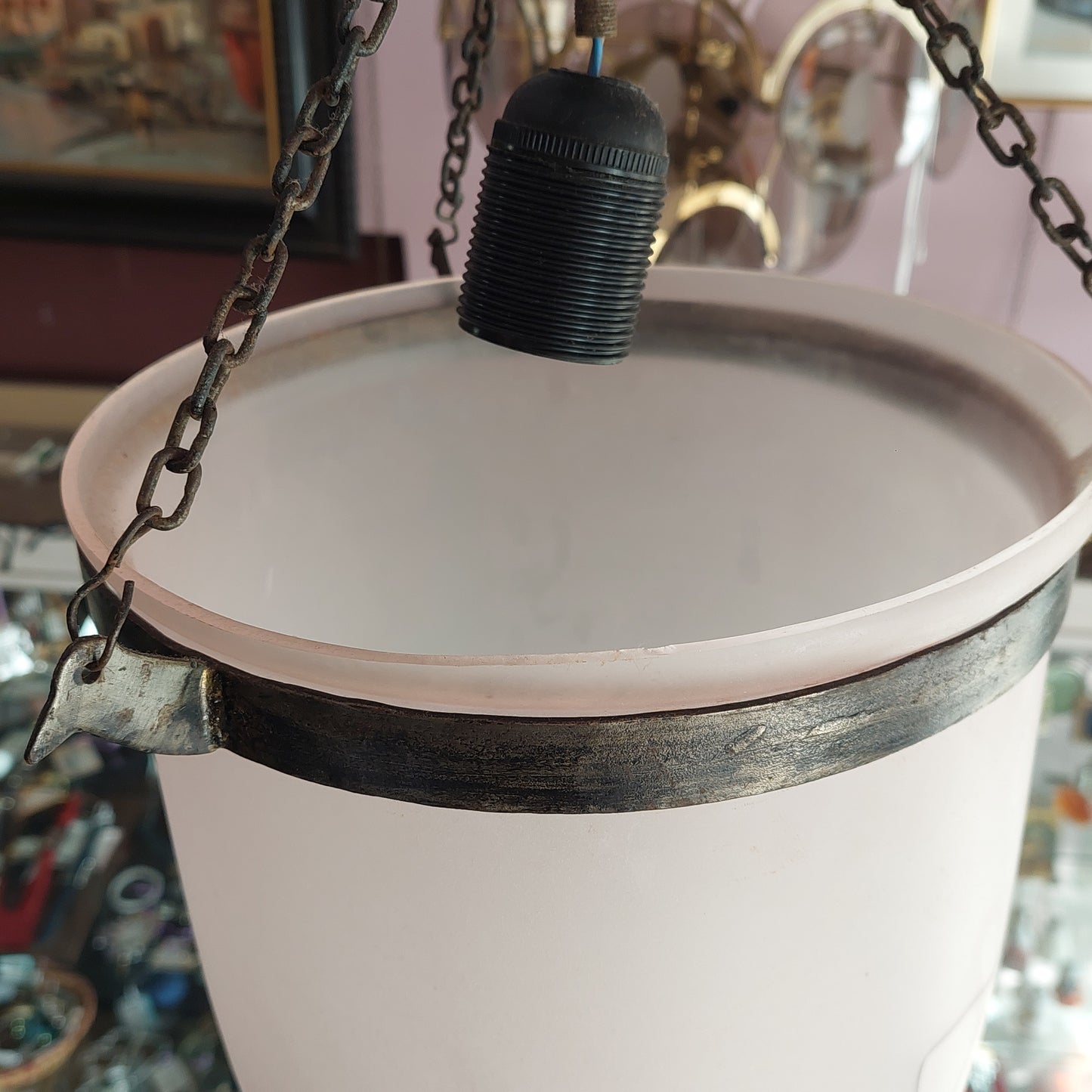 Lampadario Lanterna Ferro Vetro* Rosa Satinato