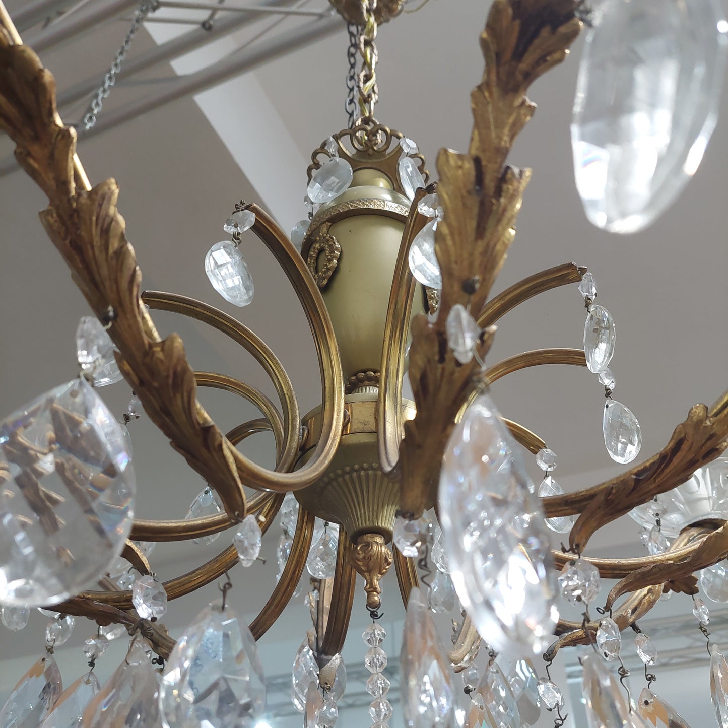 Lampadario Ottone/gocce Cristallo 10/luci