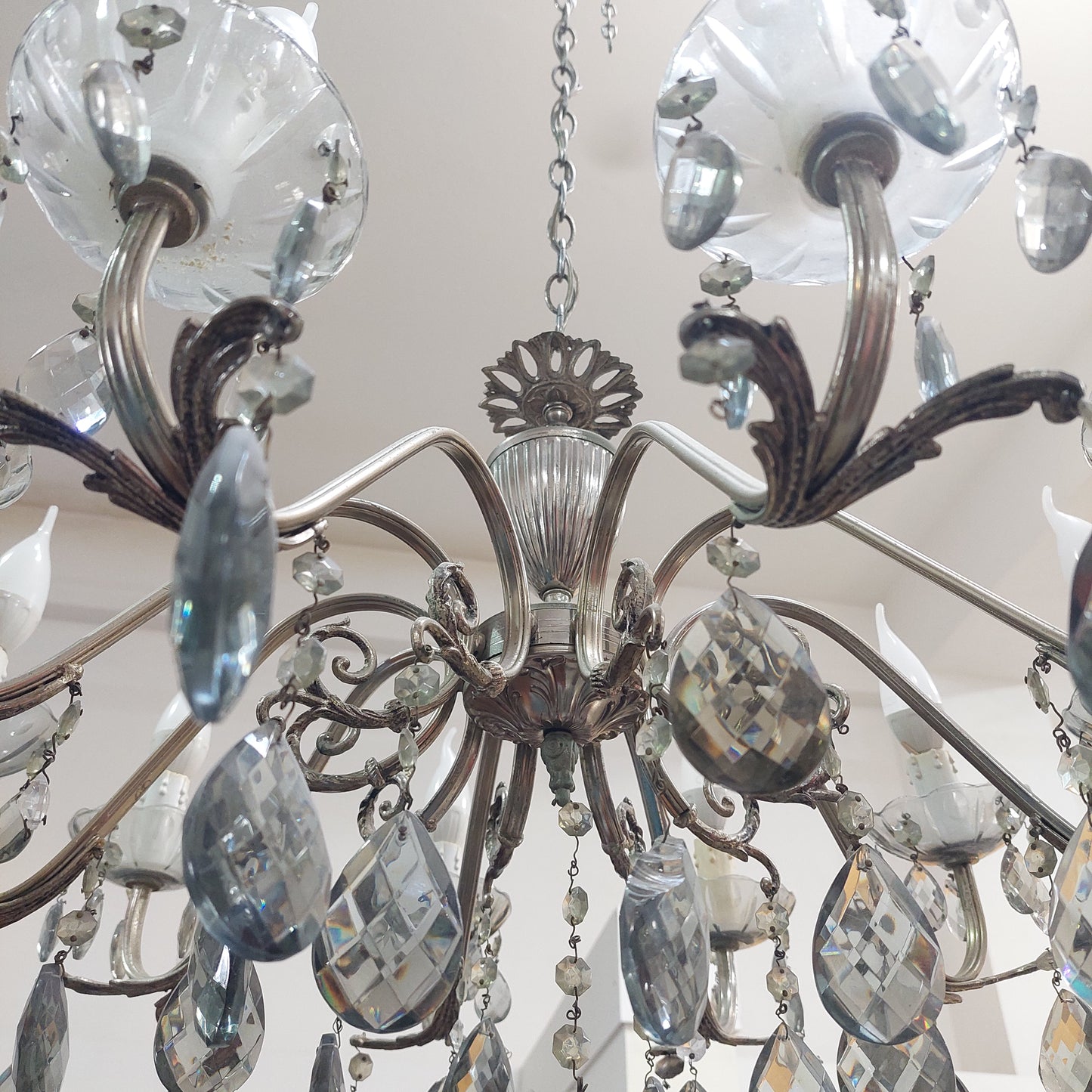 Lampadario Alpacca Gocce Cristallo Fumè 10 Luci