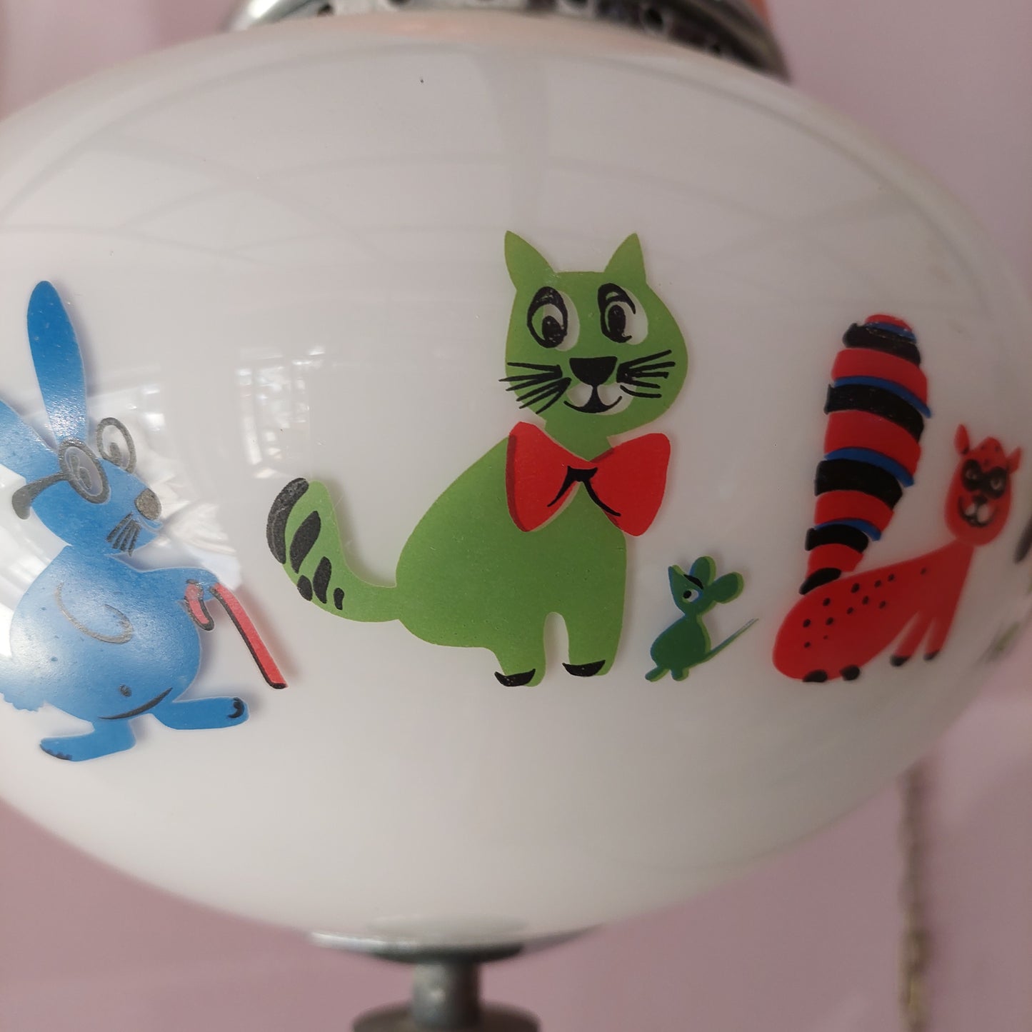 Lampadario Vetro Opalino Anni 50 2/luci Decoro Animaletti