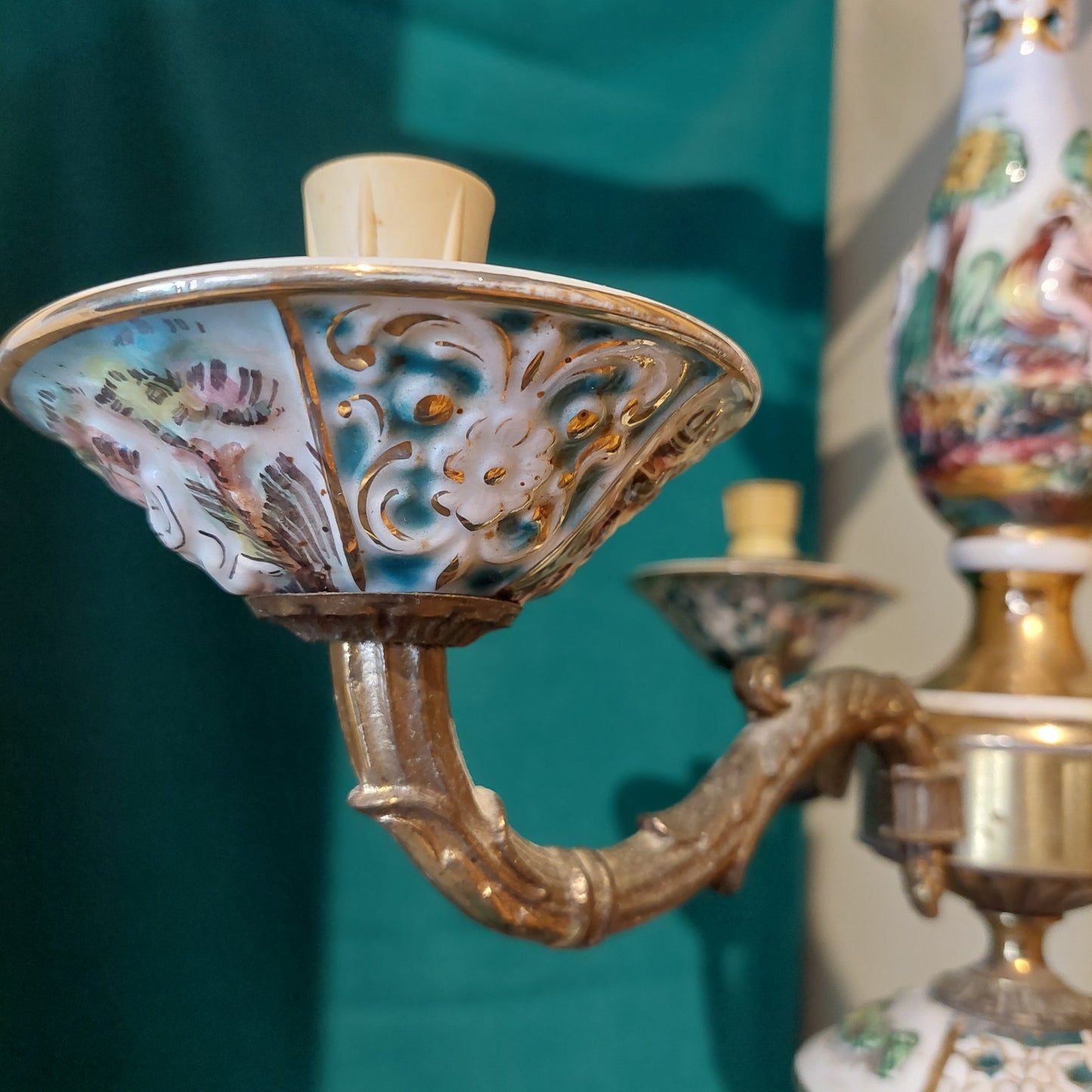 Lampadario Ottone Porcellana Capodimonte 3 Luci