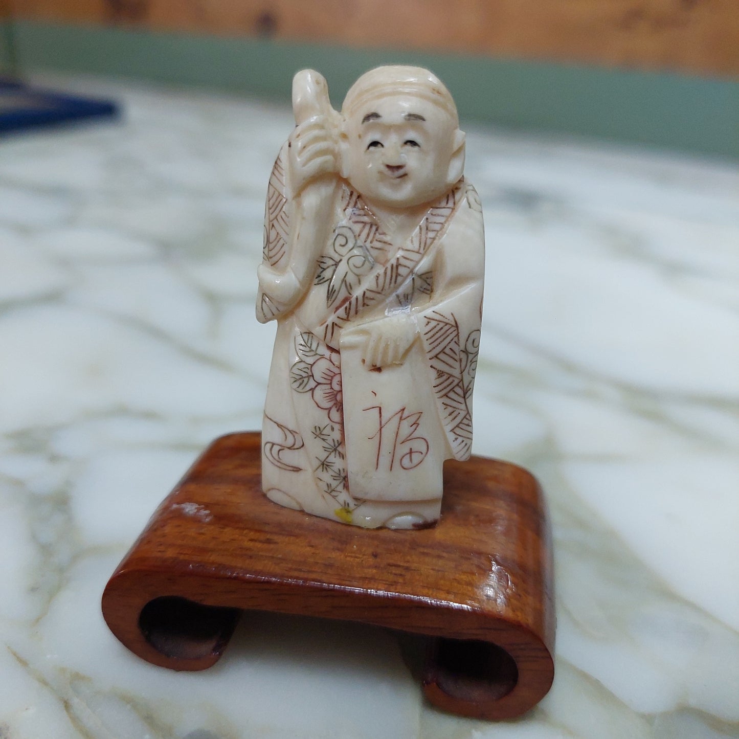 Coppia Statuine In Osso Saggi Protettori Giapponesi