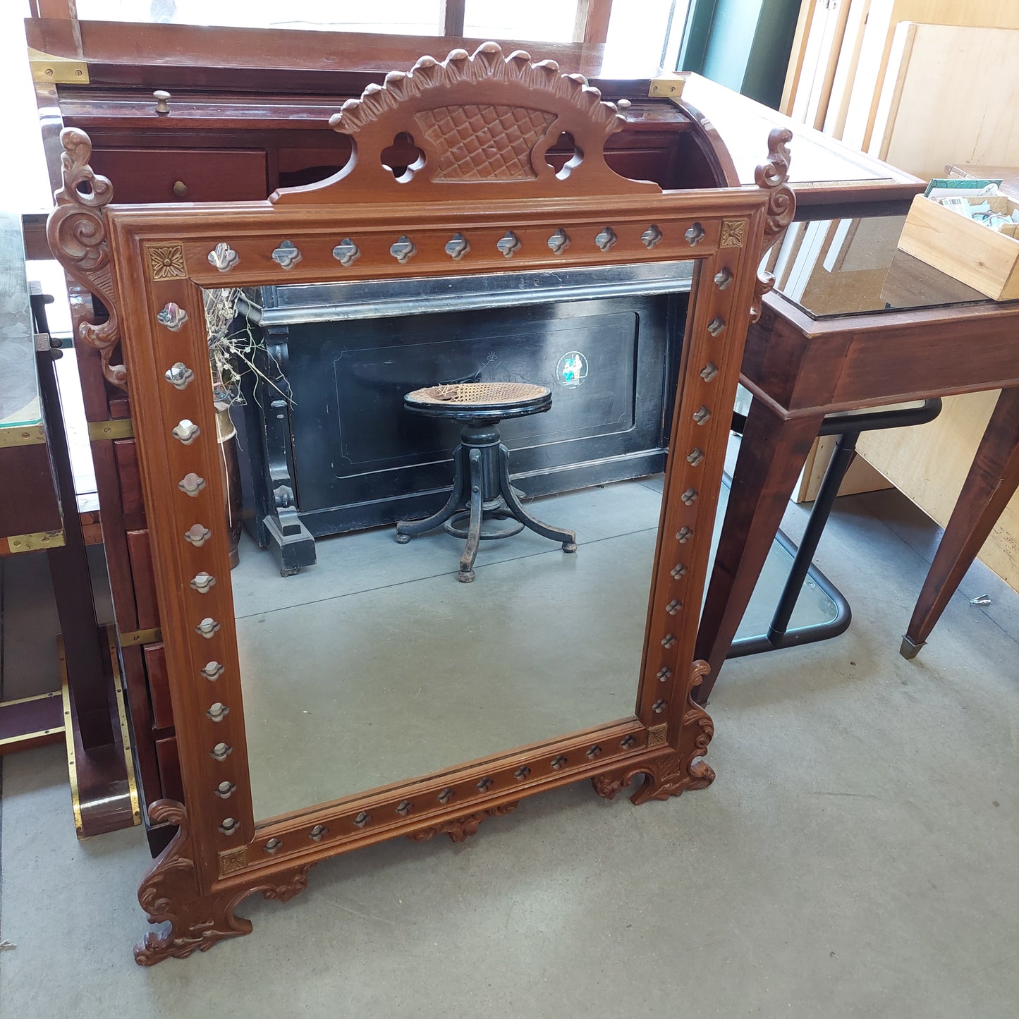 Specchio Legno Noce Intagliato Cm85x115h