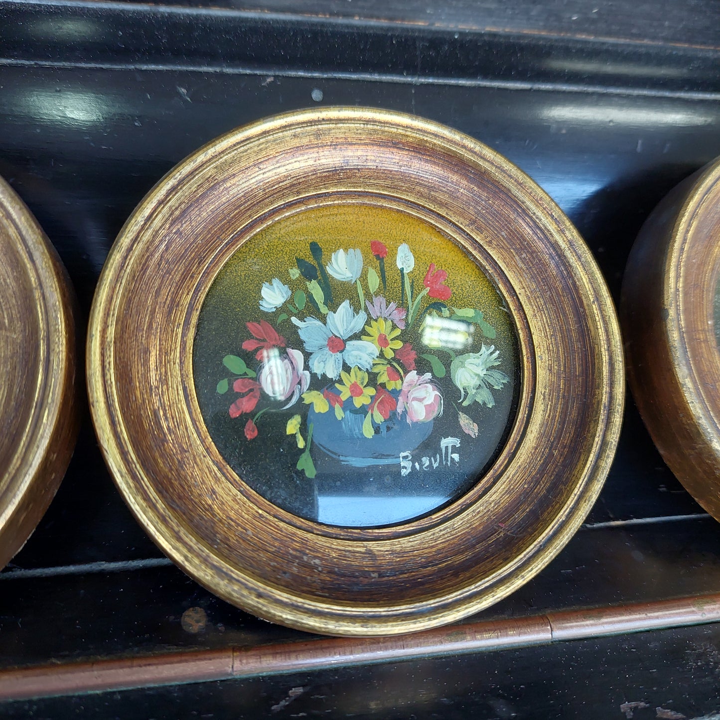 Set/3 Quadretti Tondi Fiori Dipinto Olio Su Tela