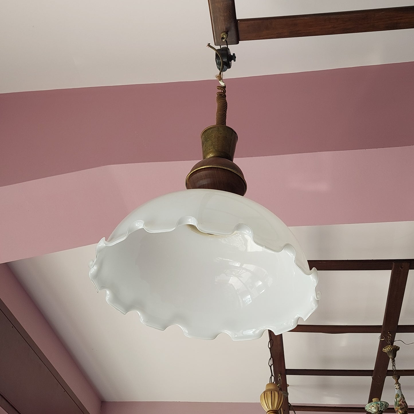 Lampadario Legno/ottone Cupola Vetro Opalino 1/luce