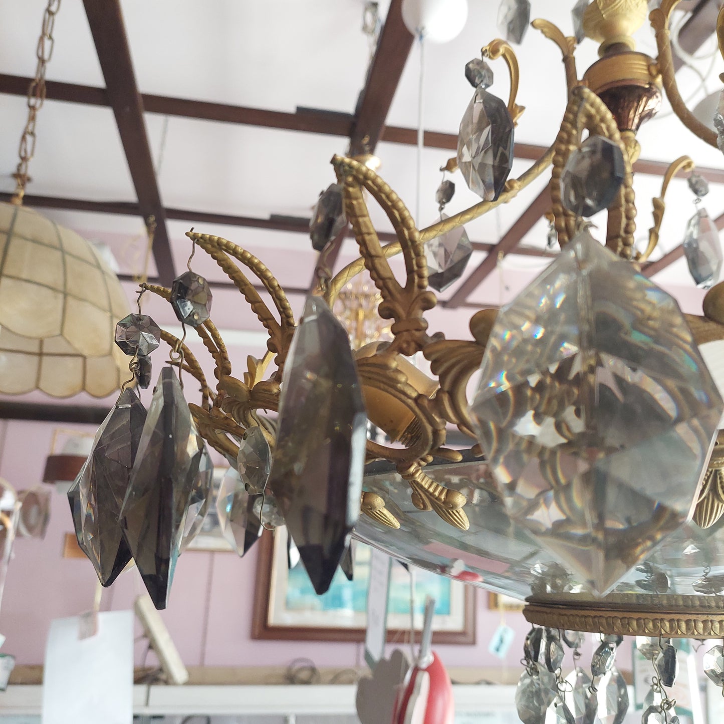 Lampadario Ottone/vetro Gocce Cristallo Primi '900