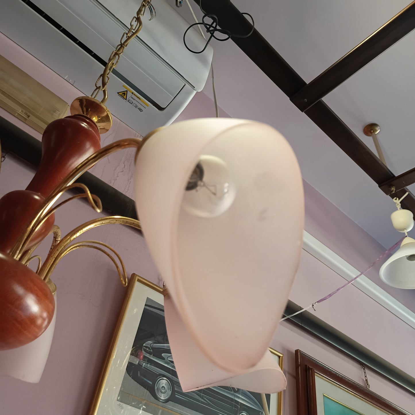 Lampadario Legno Ottone * 5 Coppe Vetro Rosa