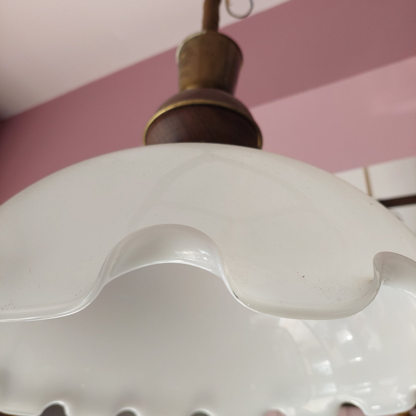 Lampadario Legno/ottone Cupola Vetro Opalino 1/luce