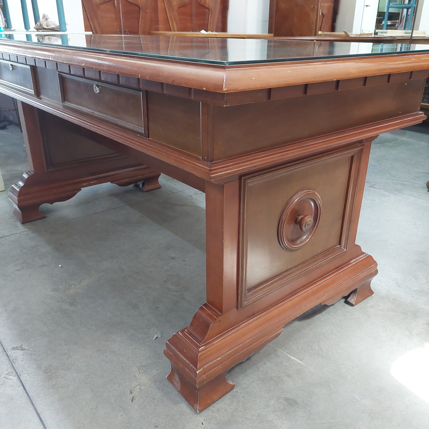Scrivania* Legno In Stile Con Vetro 2 Cassetti