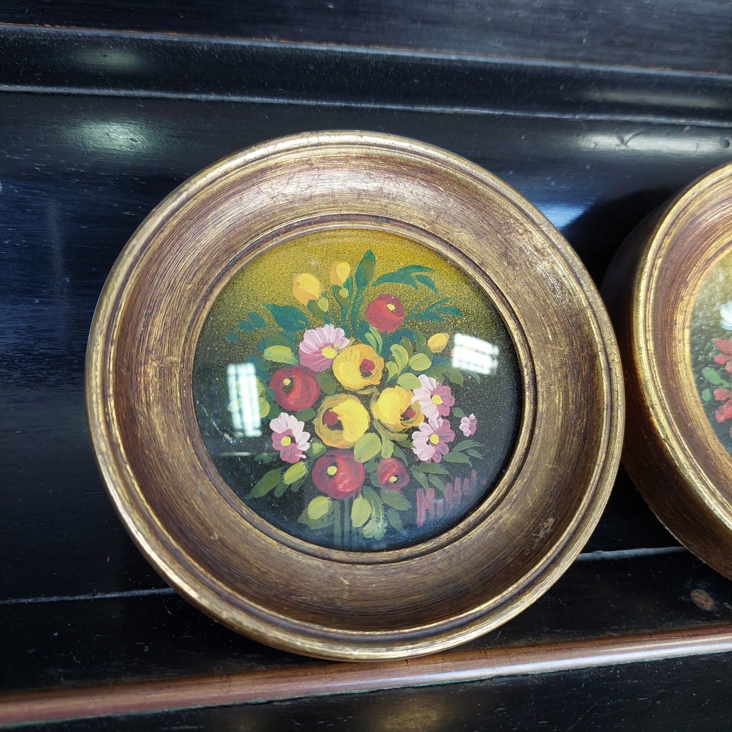 Set/3 Quadretti Tondi Fiori Dipinto Olio Su Tela