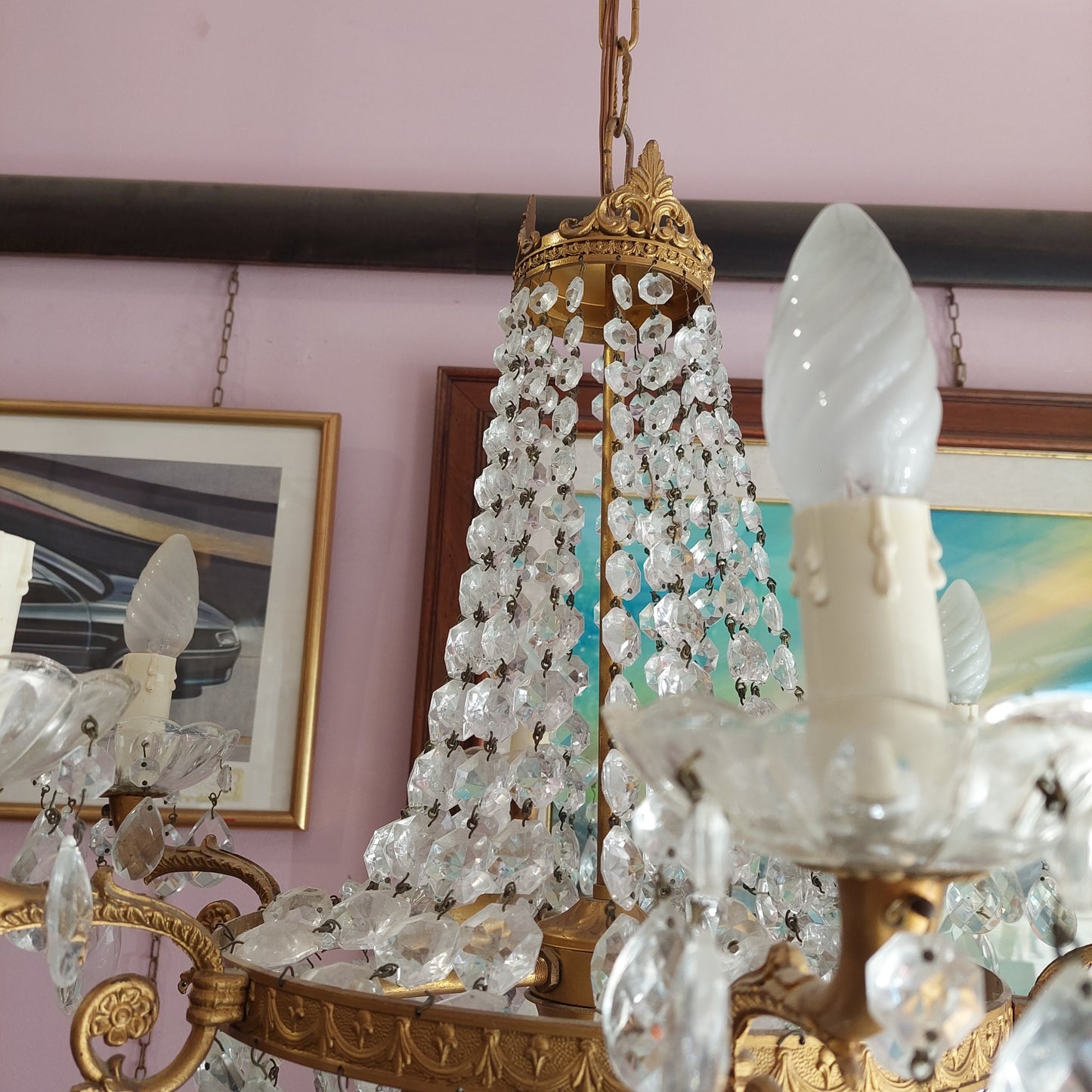 Lampadario Ottone Gocce Cristallo Stile Impero 9 Luci