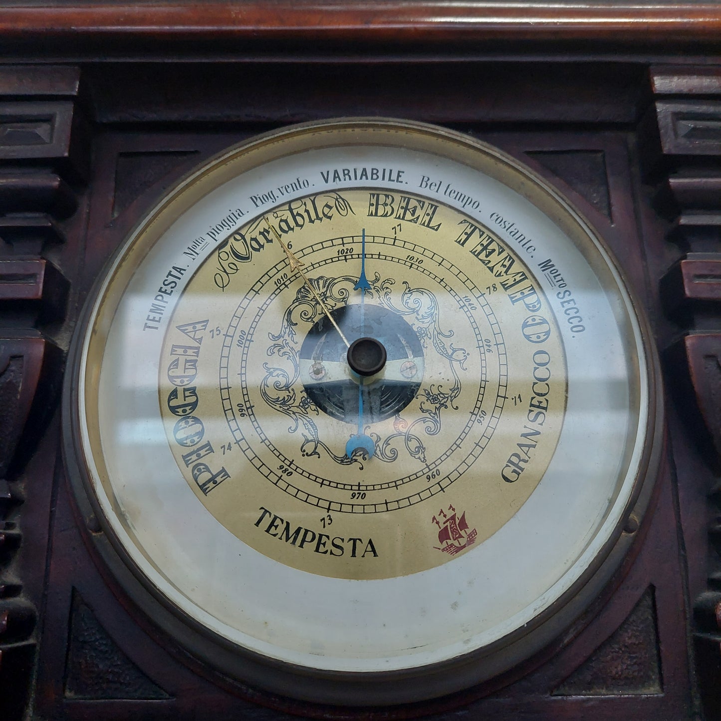 Barometro/termometro Antico Da Parete Legno Intagliato Cm28x70