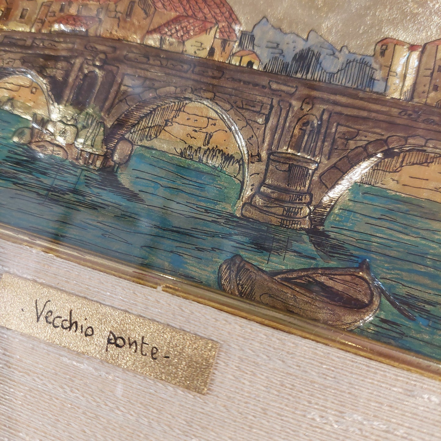 Quadro Vecchio Ponte Firmato Imperiale Su Lamina Oro Cm35x30