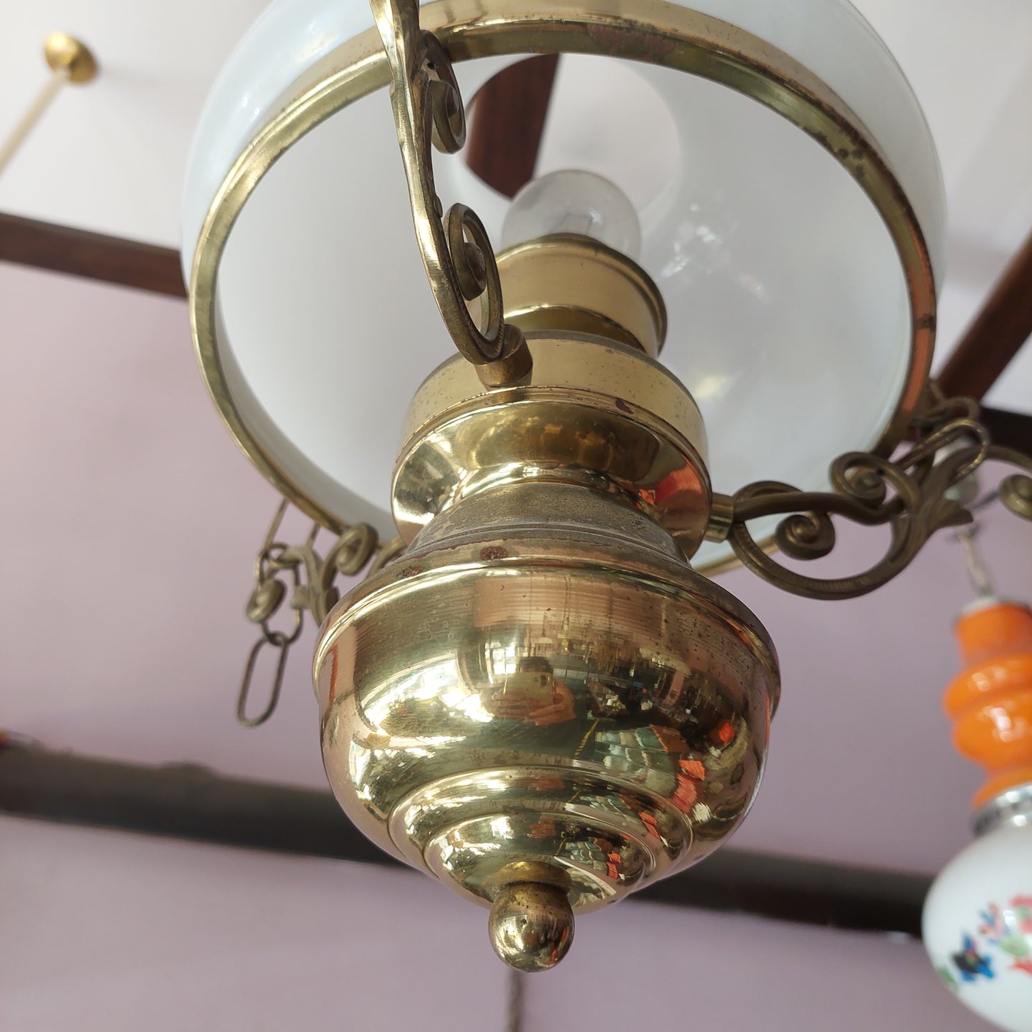 Lampadario Ottone Coppa Vetro Opalino 1 Luce