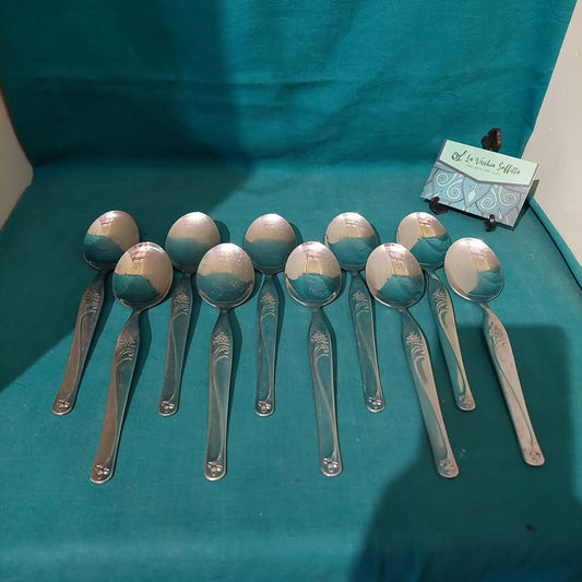 Set/10 Cucchiai Vintage Acciaio Inox Decoro Fiore