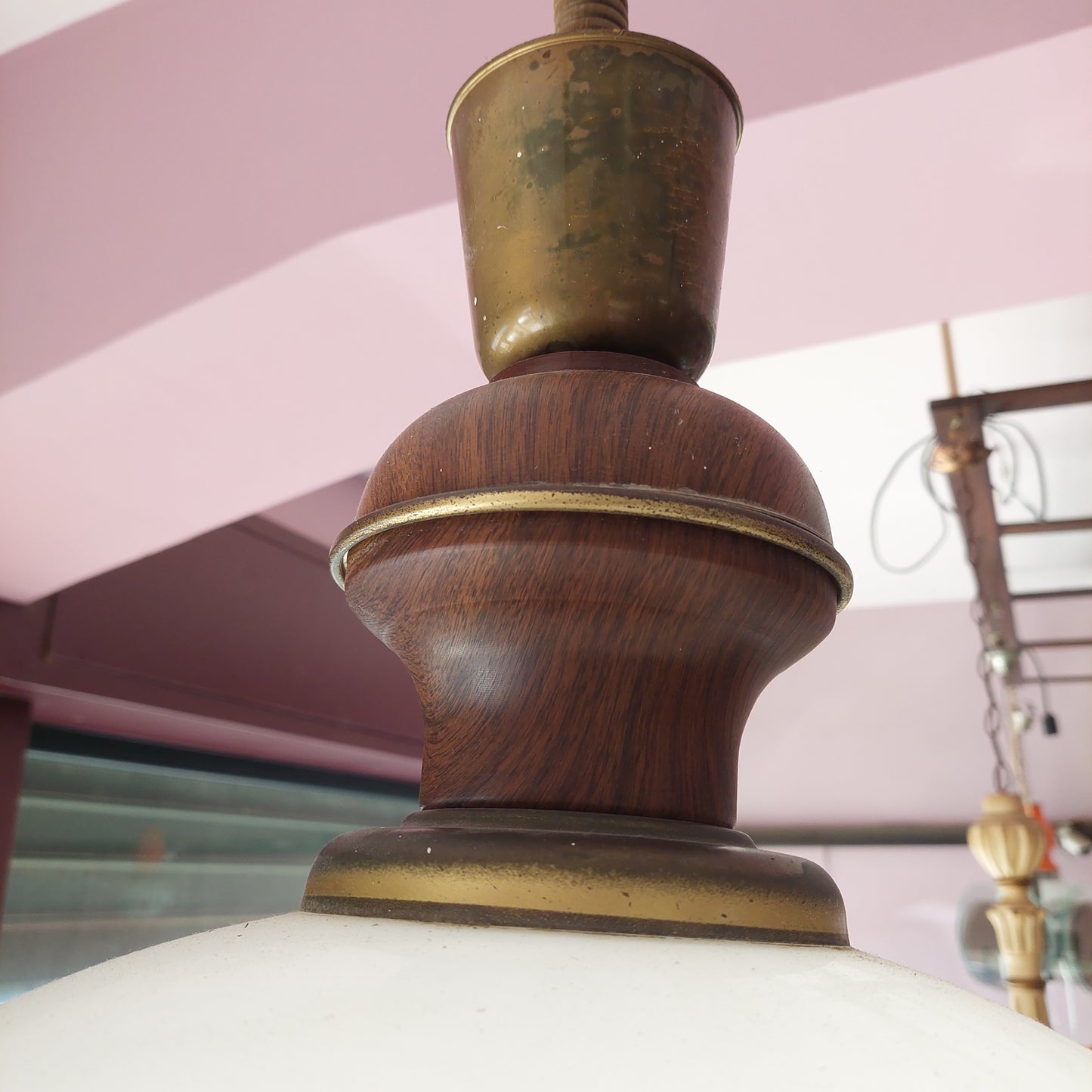 Lampadario Legno/ottone Cupola Vetro Opalino 1/luce