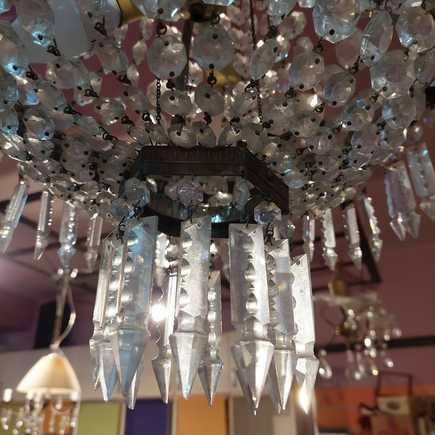 Lampadario Stile Impero Ottone Gocce Cristallo 3 Luci