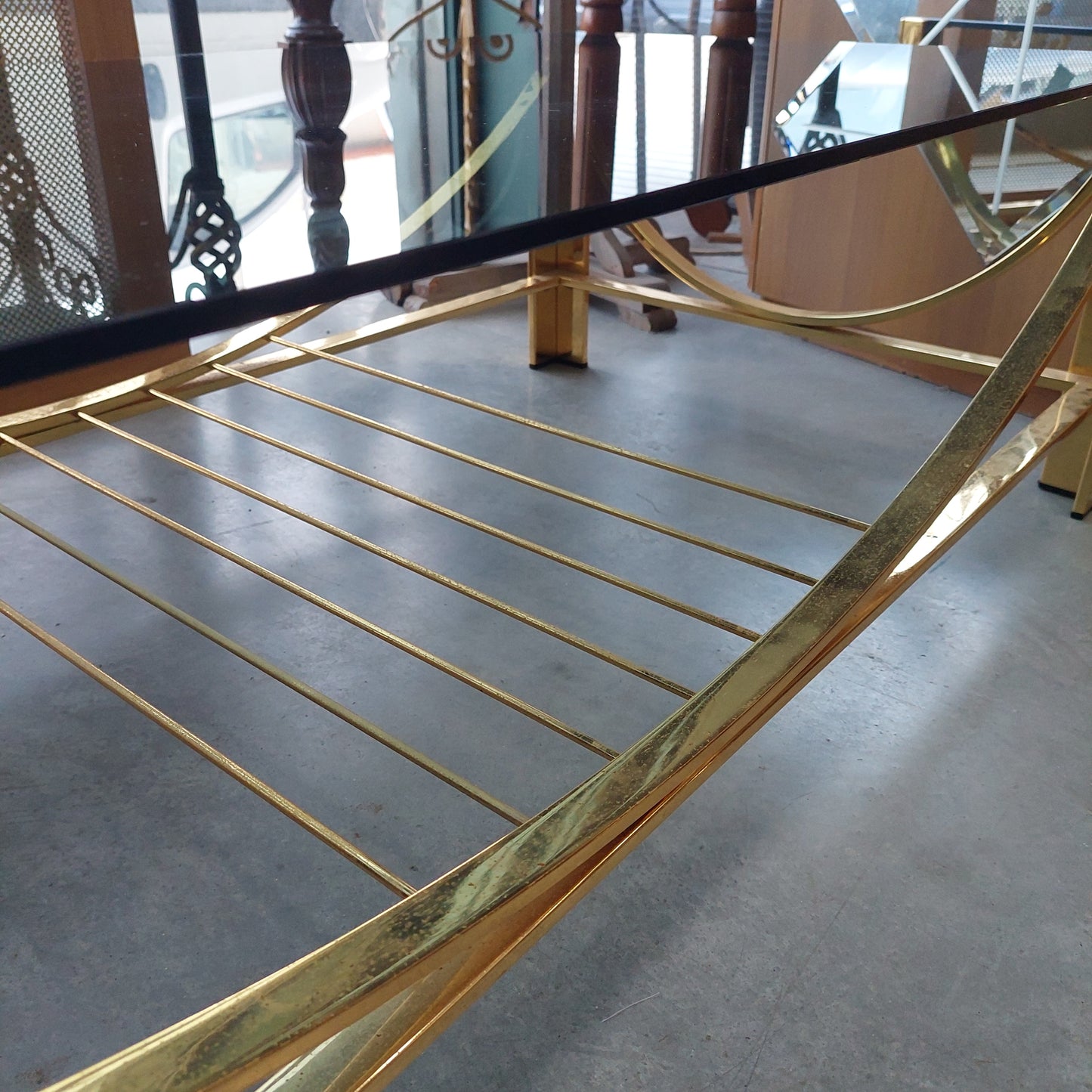 Tavolino Ottone Vetro Fumè Anni 70 Cm122x62x36h