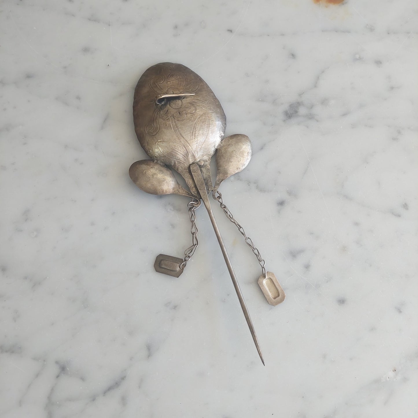 Antica Spilla Peruviana Tupu Silver Sbalzato Cm22