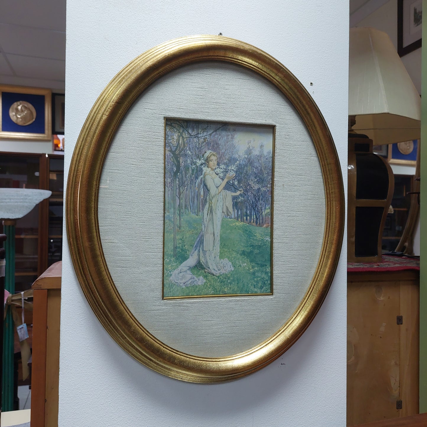 Quadro Stampa Dama Art N70,00 €ouveau Cornice Ovale Legno Oro