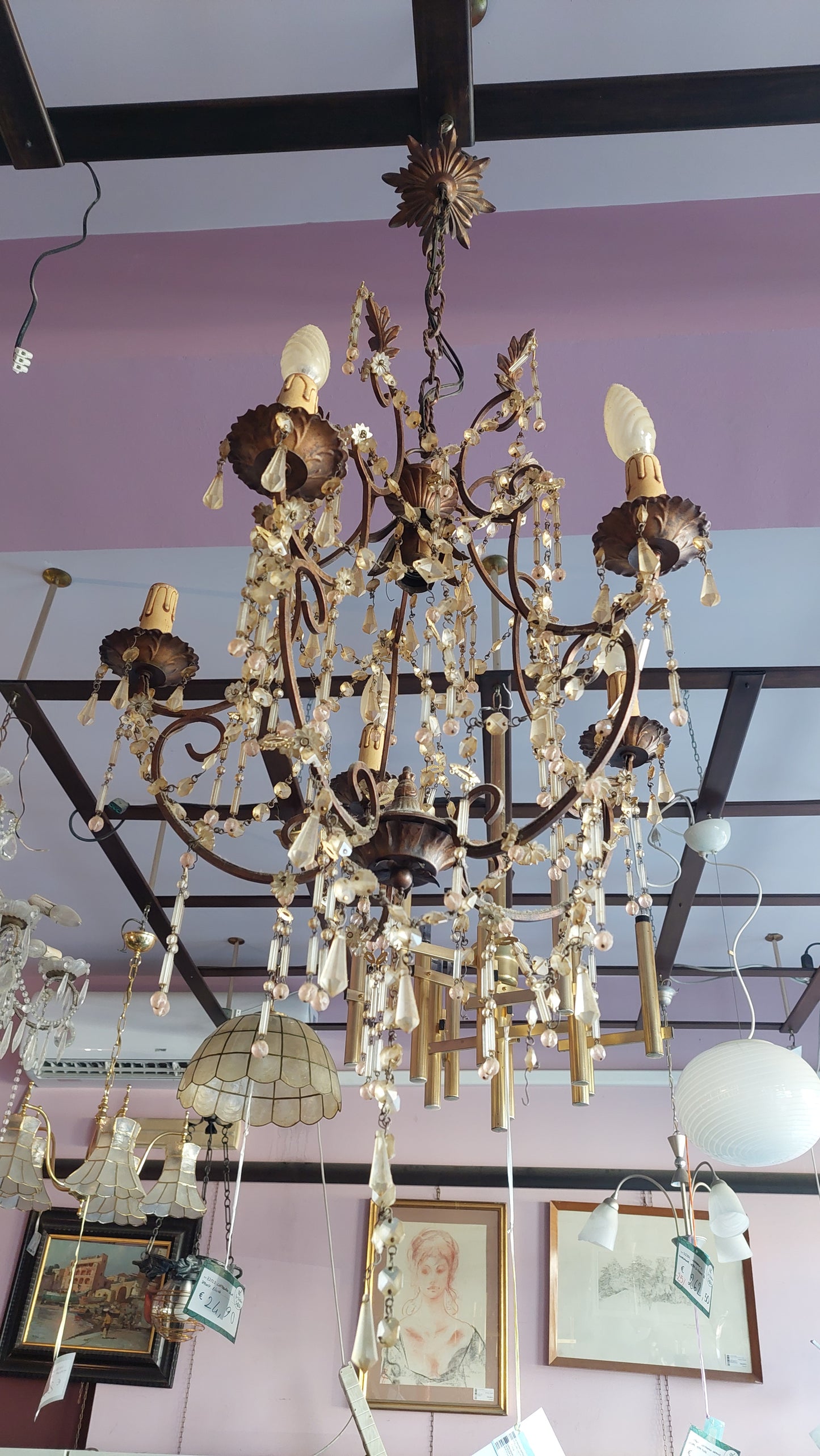Lampadario Ferro Dorato Con Brindoli 6/luci