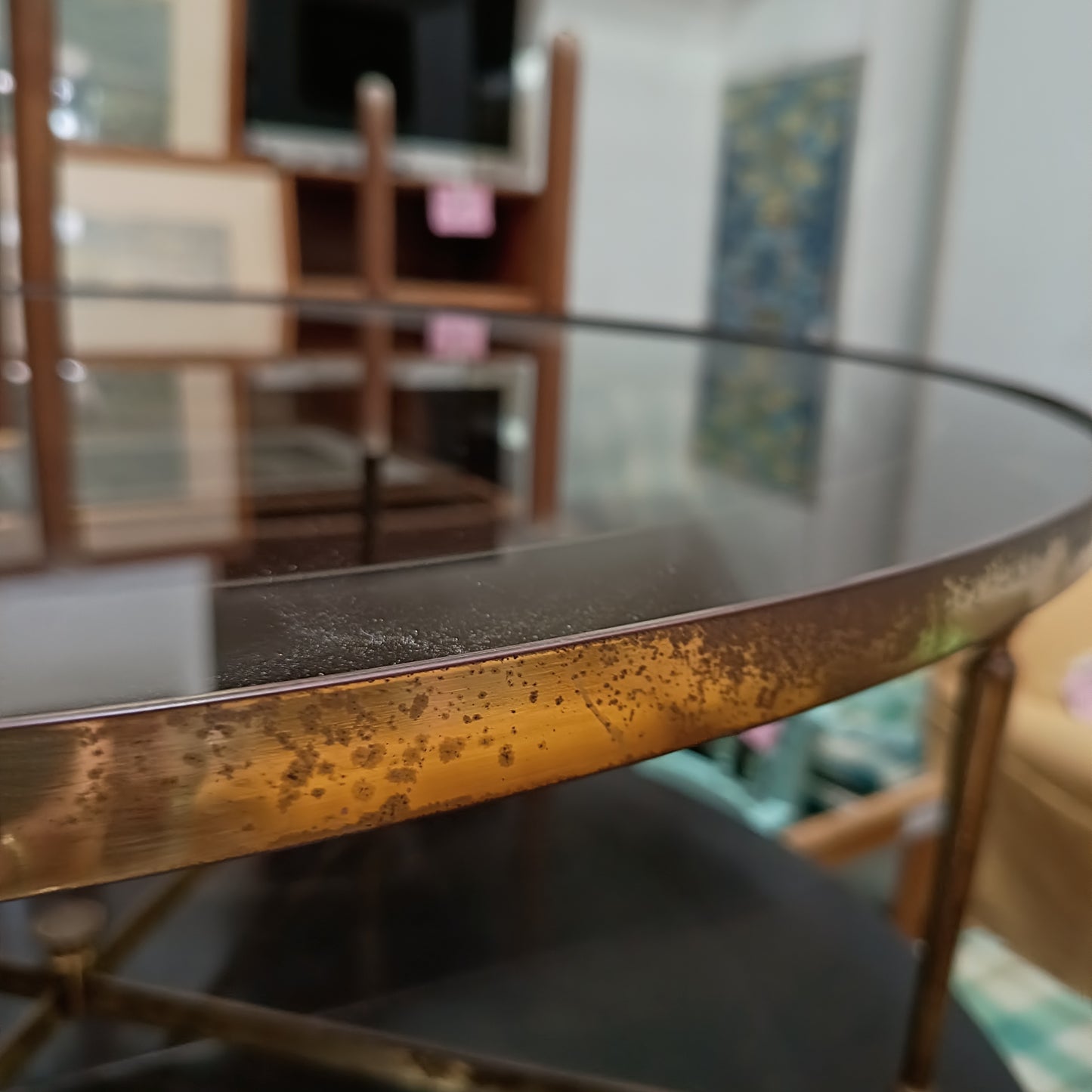 Tavolino Da Caffè Vintage Tondo Ottone C/vetro Anni '70 D.100x45.5