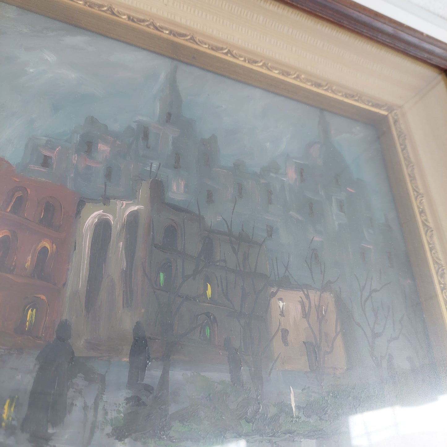 Q/olio Su Tela Piazza Sotto La Pioggia N.massaro Cornice Legno Cm45x55