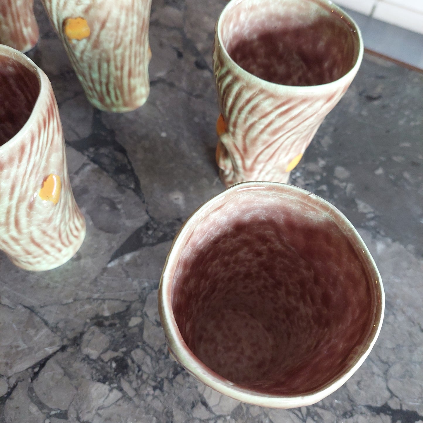 Set/6 Bicchieri Ceramica* Vintage Anni 50 Effetto Legno