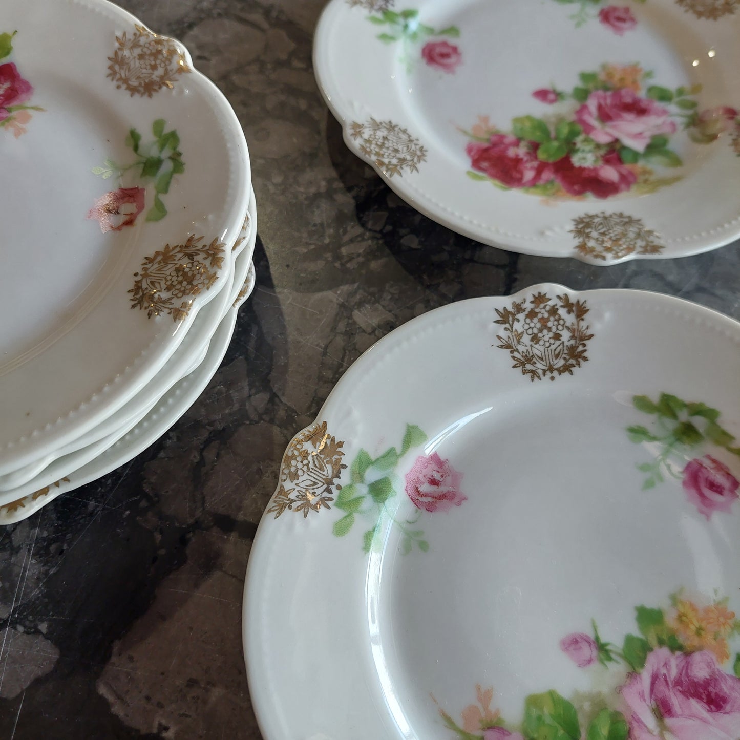 Set/6 Piattini Porcellana Primi 900 Decoro Rose E Oro