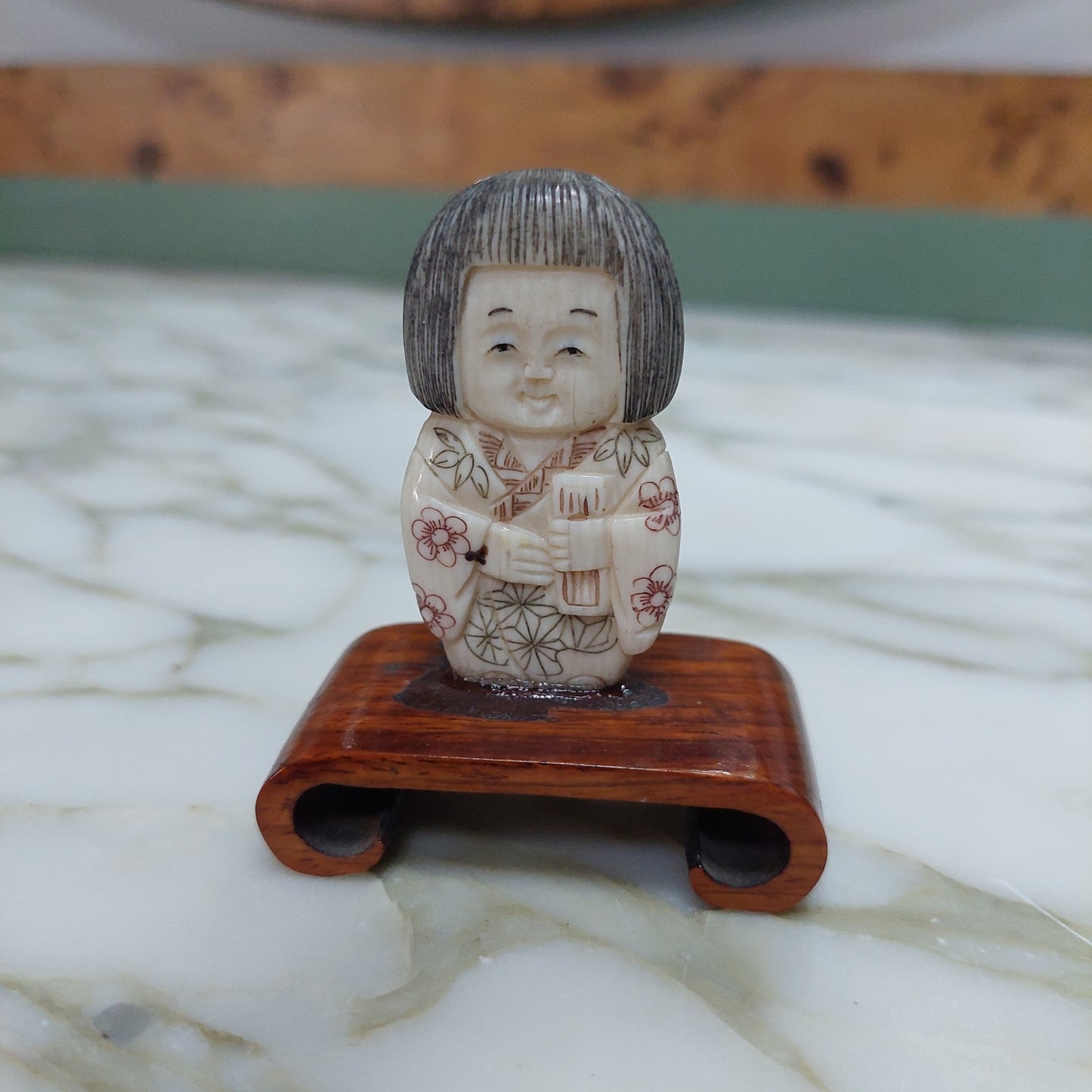 Coppia Statuine In Osso Saggi Protettori Giapponesi