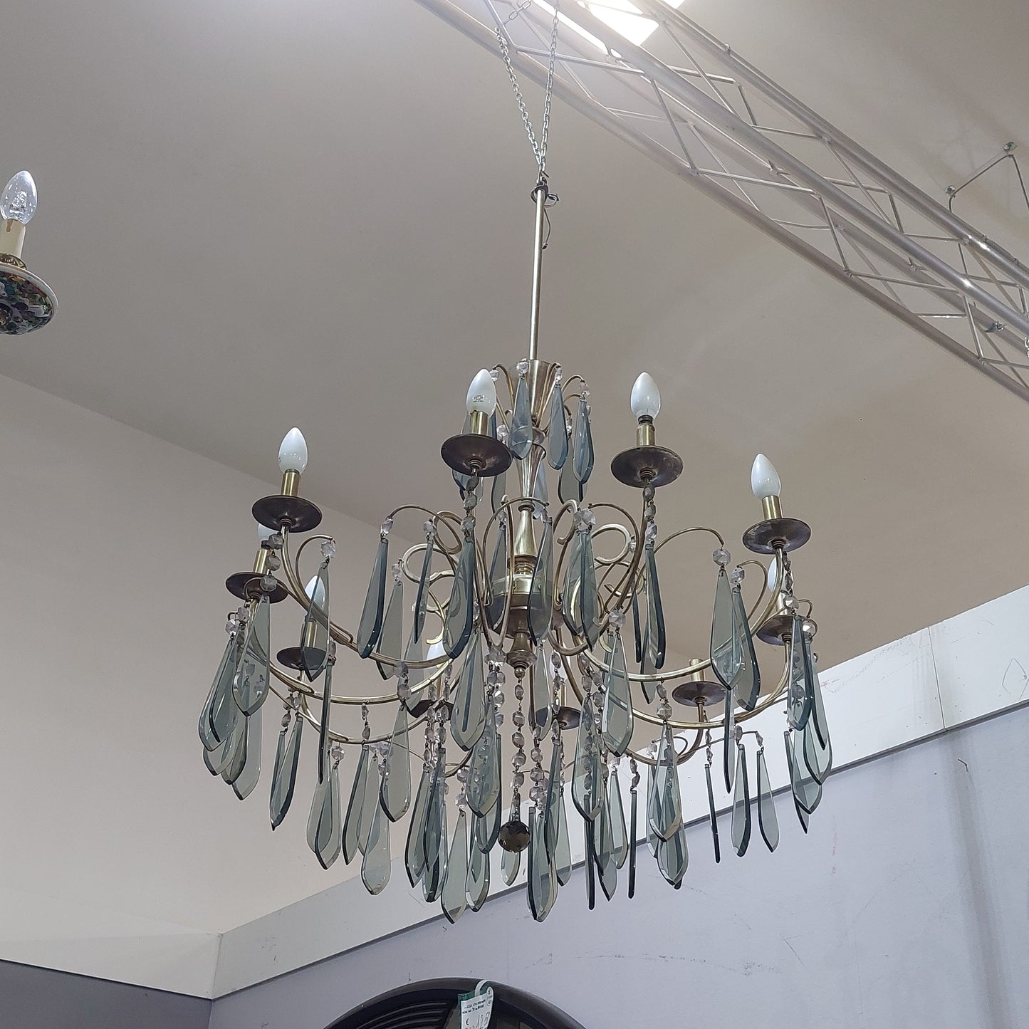Lampadario Metallo Gocce Vetro Fume' Anni 70 10/luci