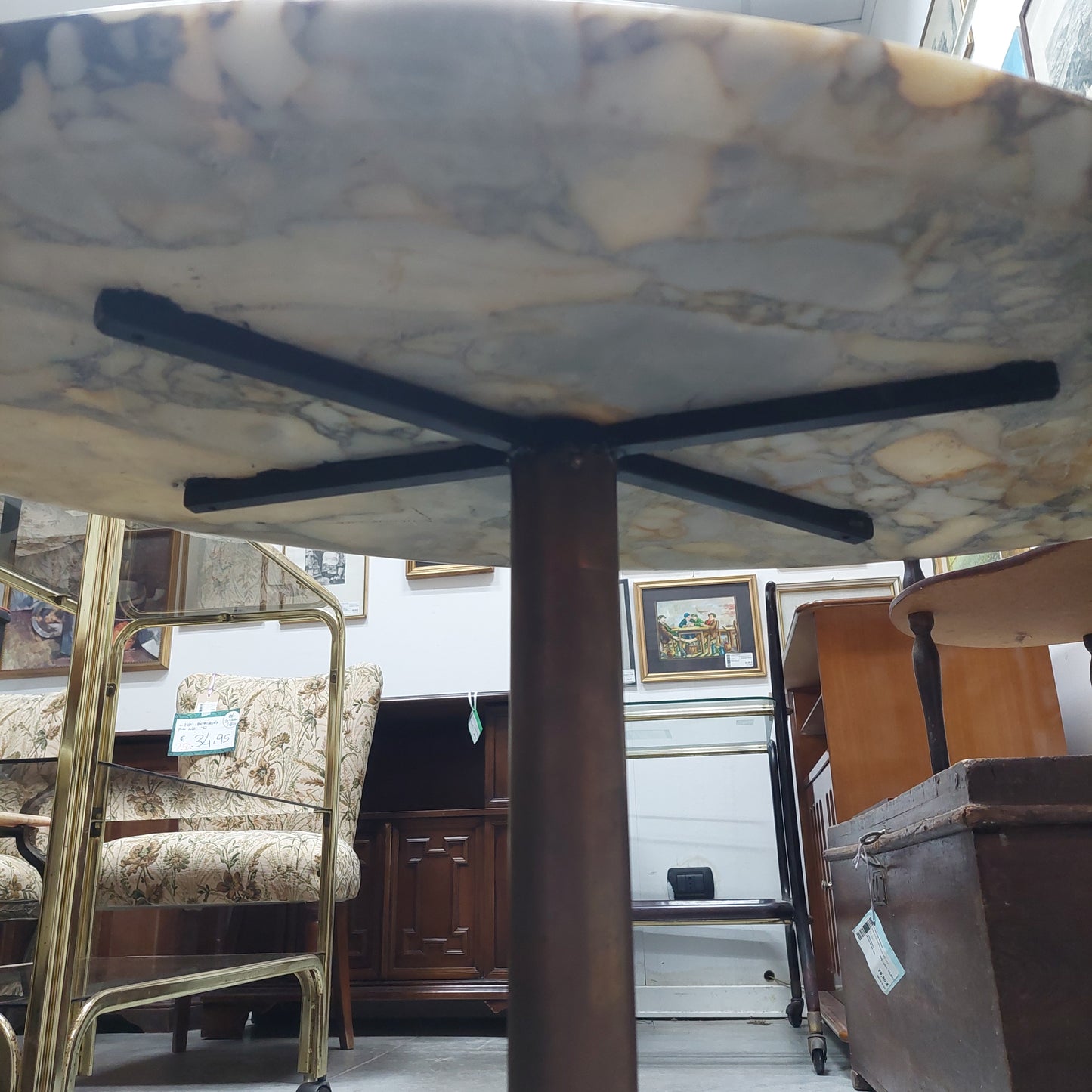 Tavolino Base Ferro/ottone Anni 50 Piano Marmo Ovale 78x46x53h