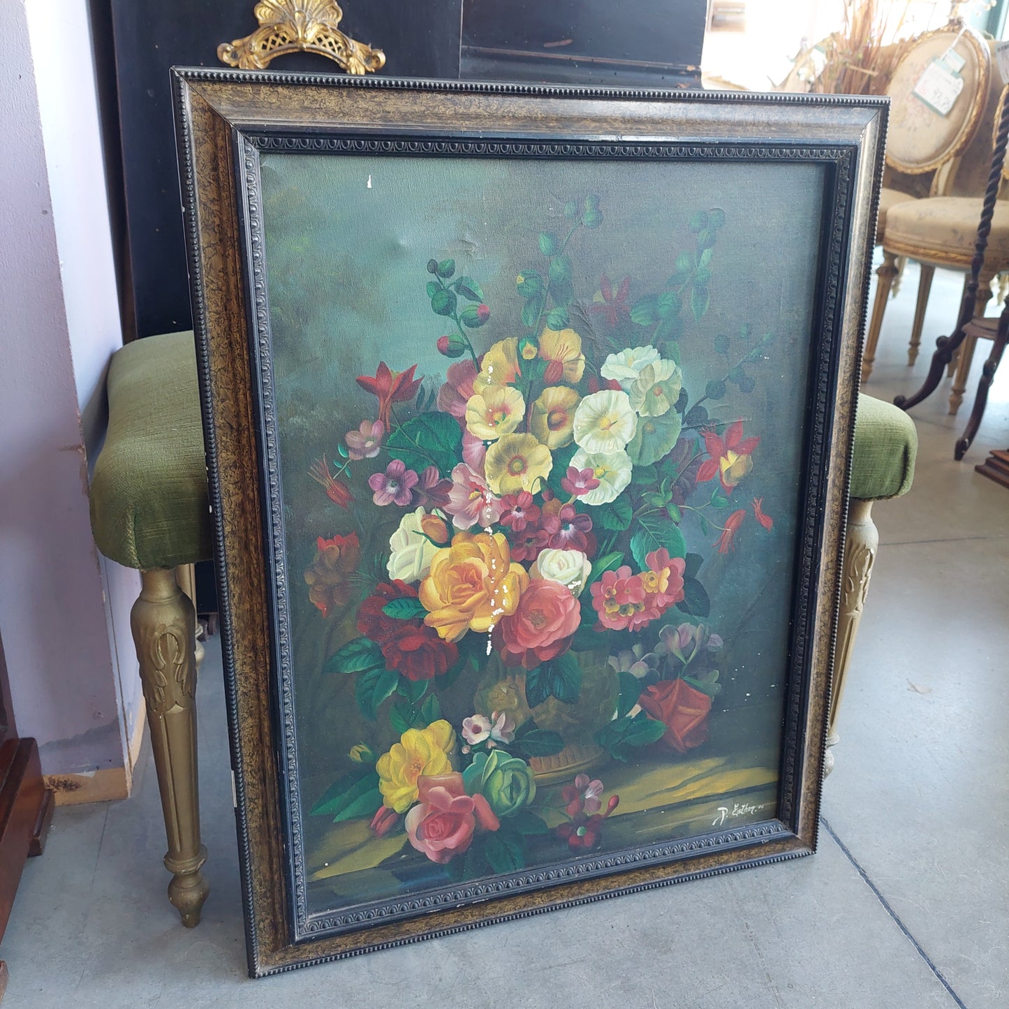 Quadro Olio Su Tela* Vaso Con Fiori Cornice Antica