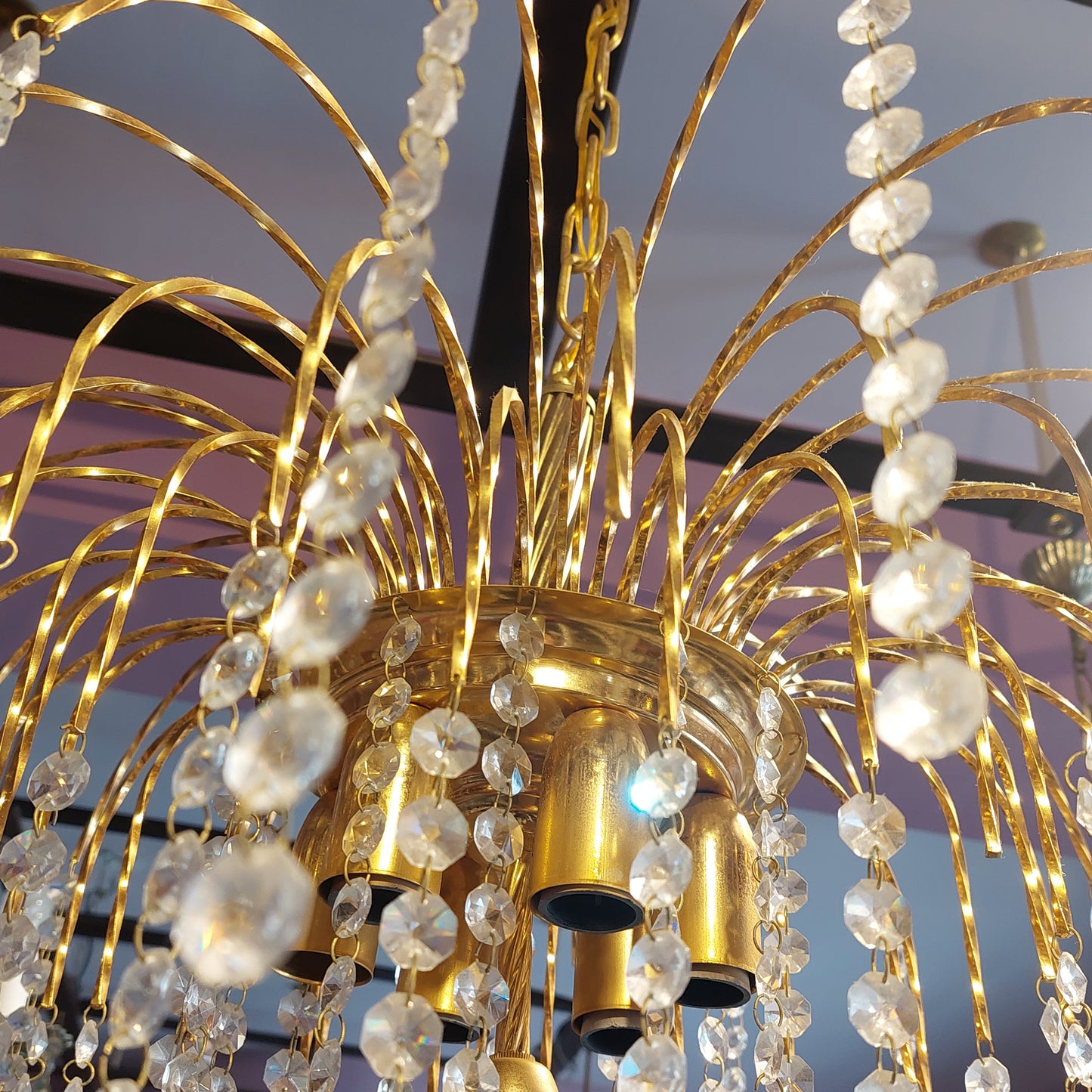 Lampadario "pioggia" Met. Dorato/brindoli Cristallo 7/l
