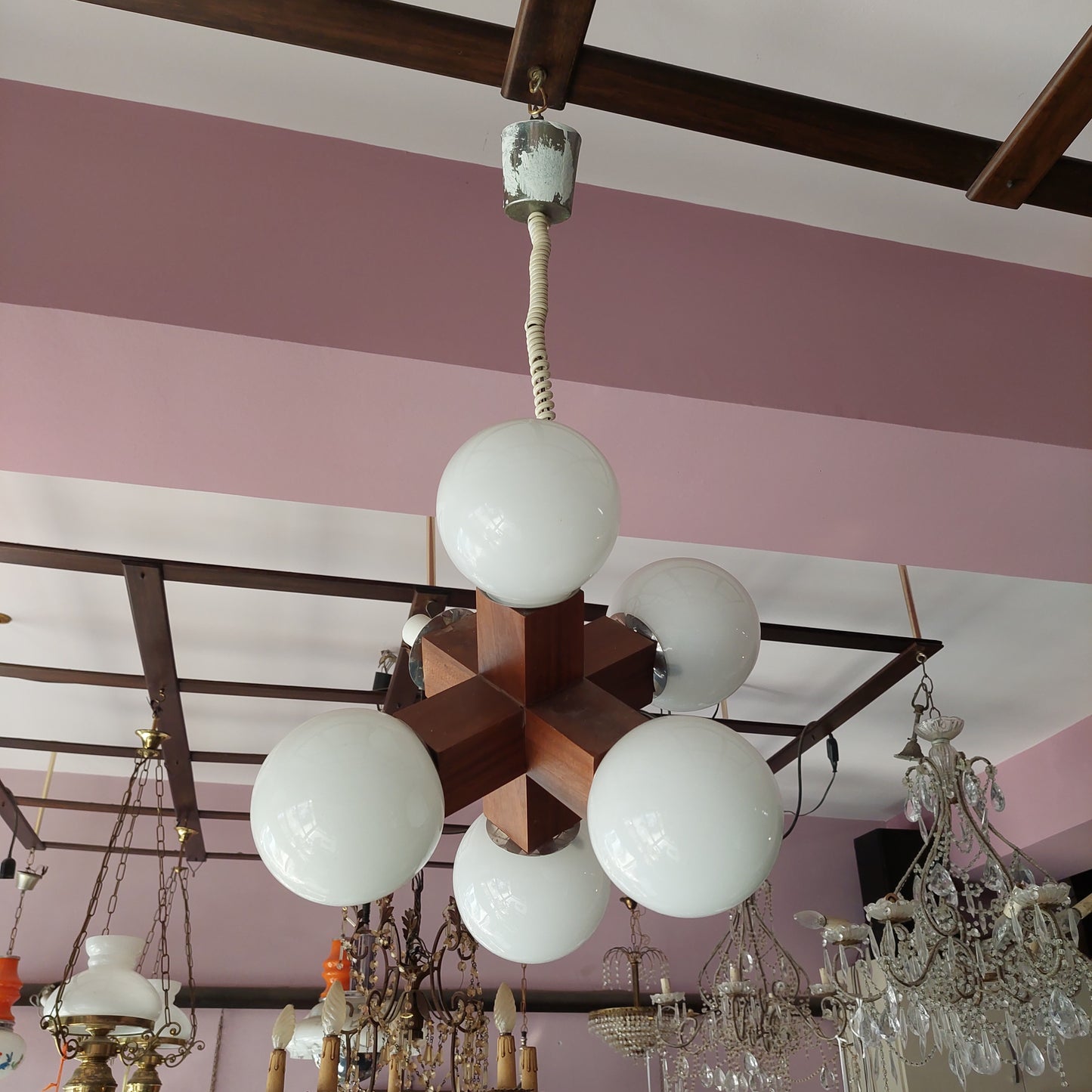 Lampadario Legno Coppette Vetro* Opalino 6 / Luci