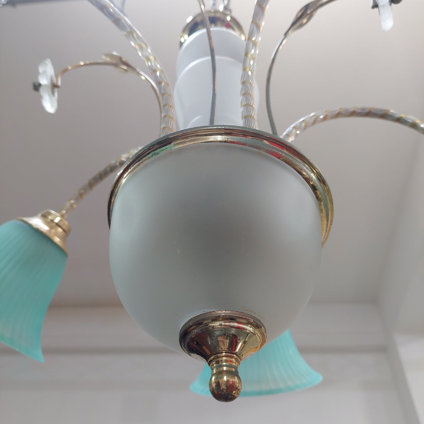 Lampadario Metallo Coppe Fiore Vetro Turchese 5 Luci