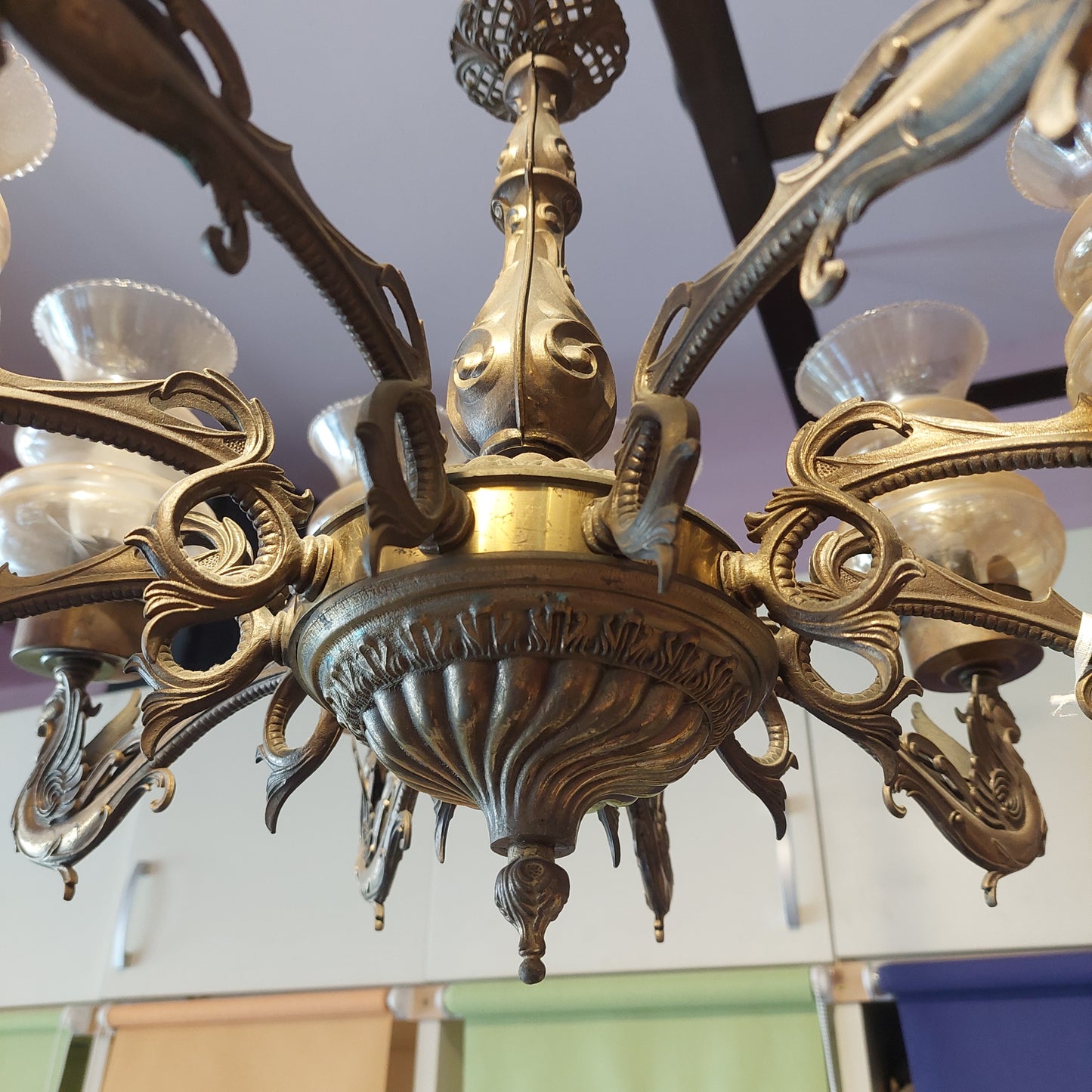 Lampadario Ottone Grifone Coppe Vetro 10/l
