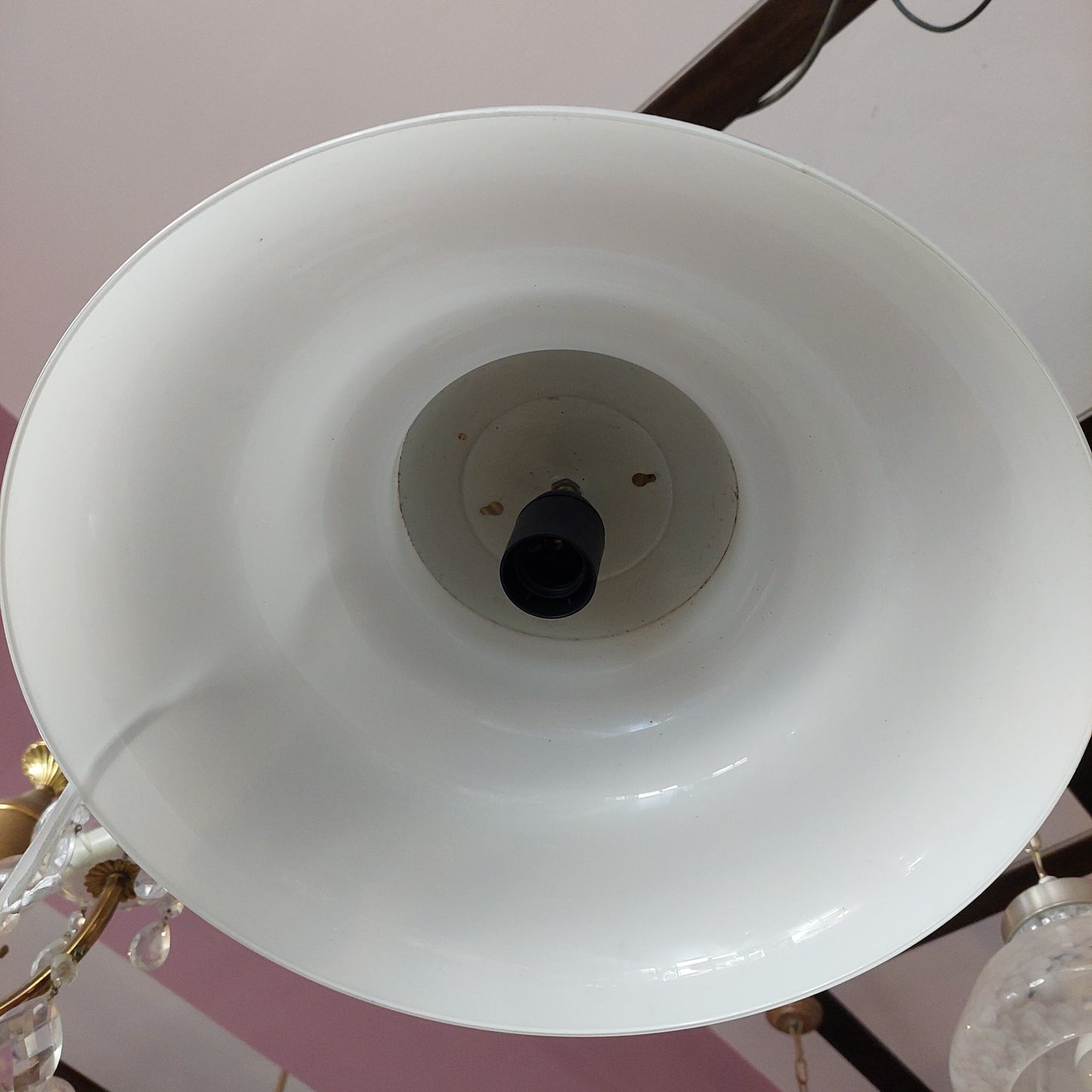 Lampadario Legno/cupola Vetro Opalino Vintage 1/l
