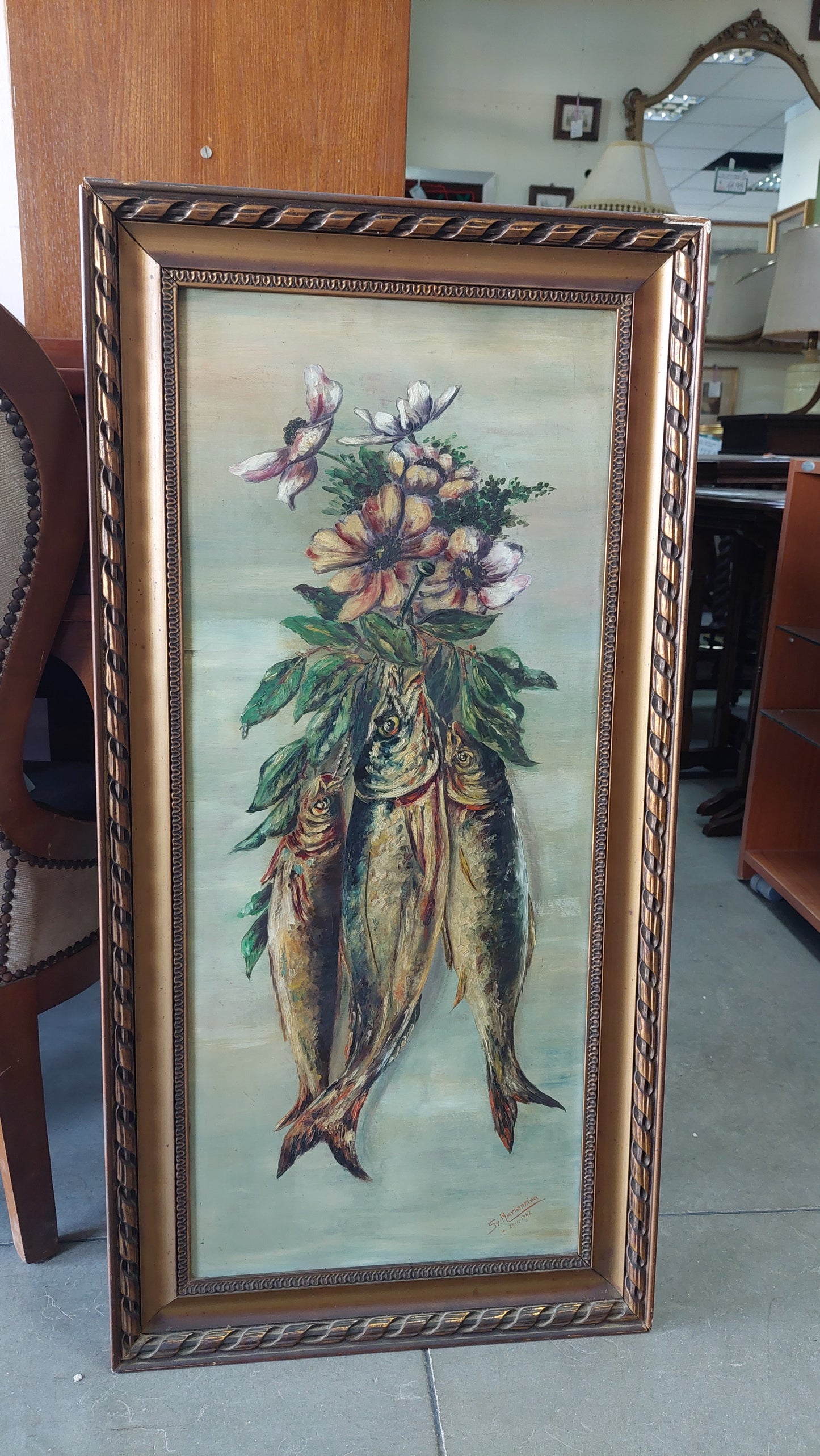 Quadro* Antico Pesci E Fiori Firmato Sr. Mariannina