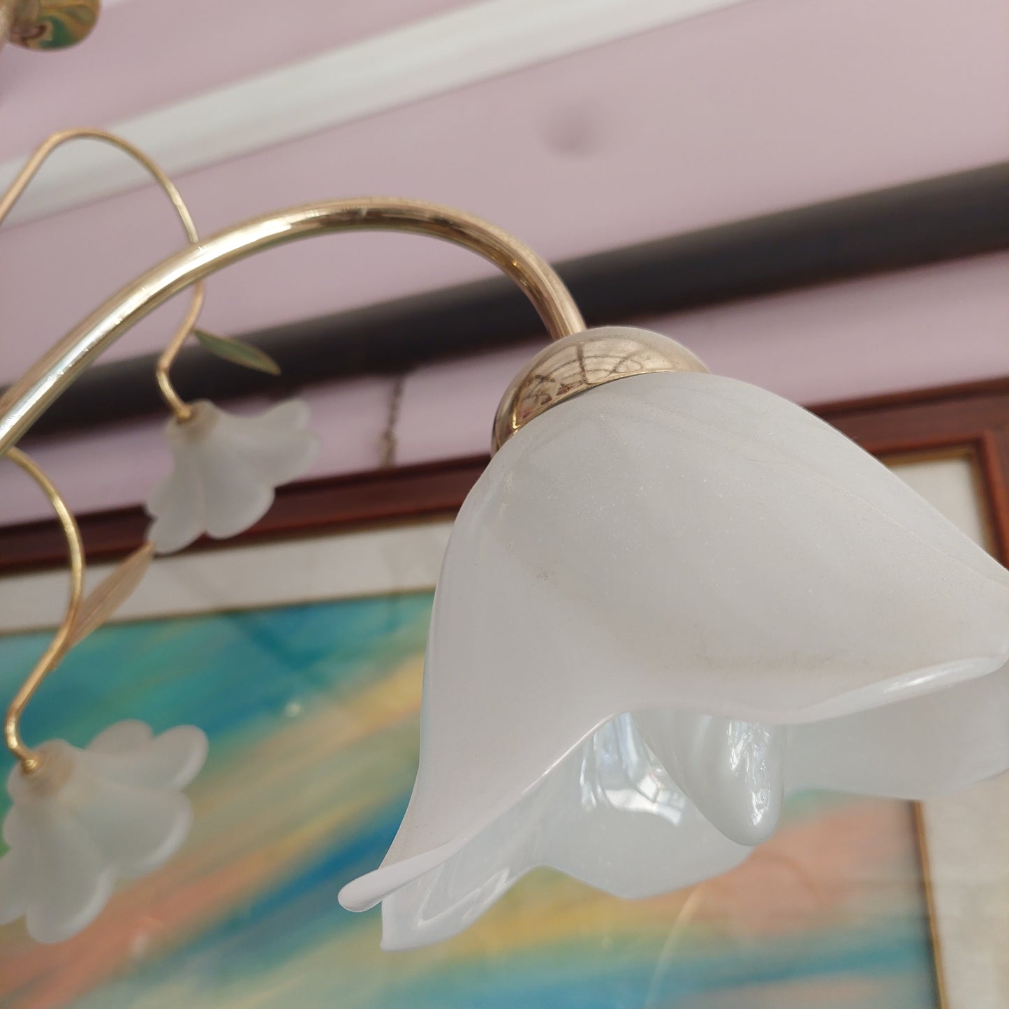 Lampadario Ottone Coppette Fiore Vetro 3 Luci