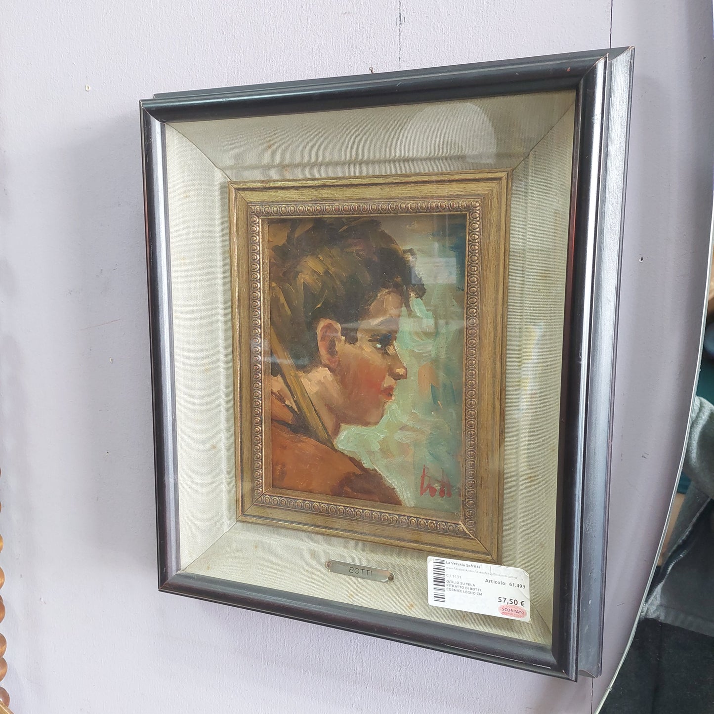 Q/olio Su Tela Ritratto Di Botti Cornice Legno Cm37x42
