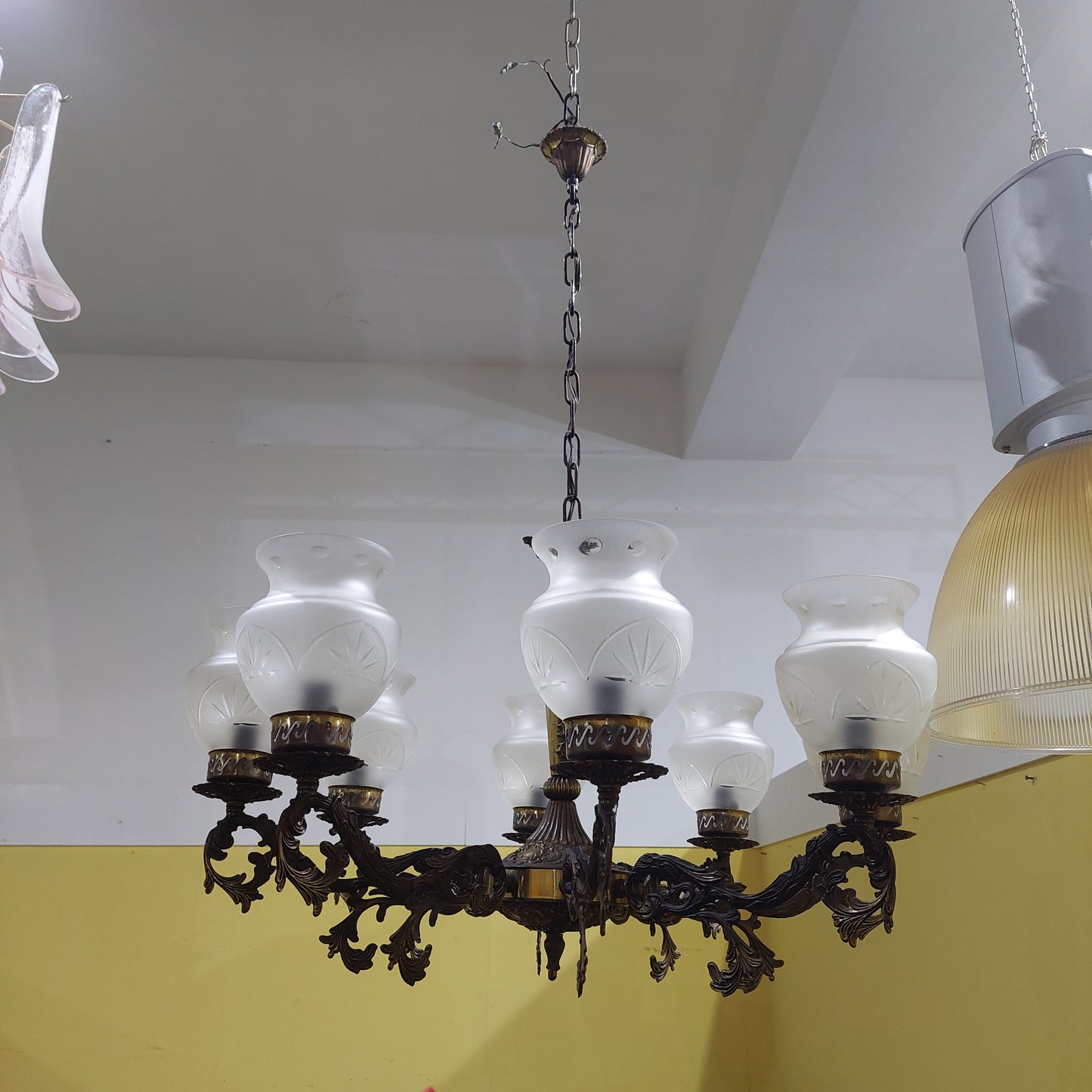 Lampadario Ottone/coppe Vetro 8/luci