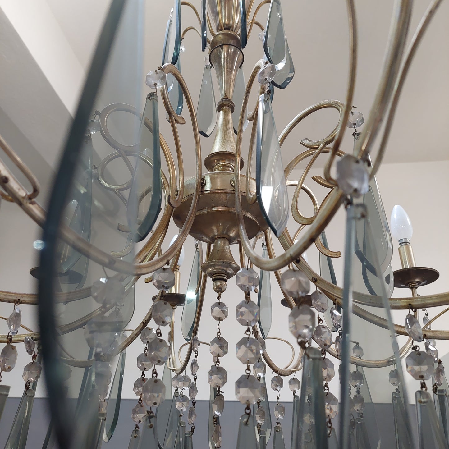 Lampadario Metallo Gocce Vetro Fume' Anni 70 10/luci