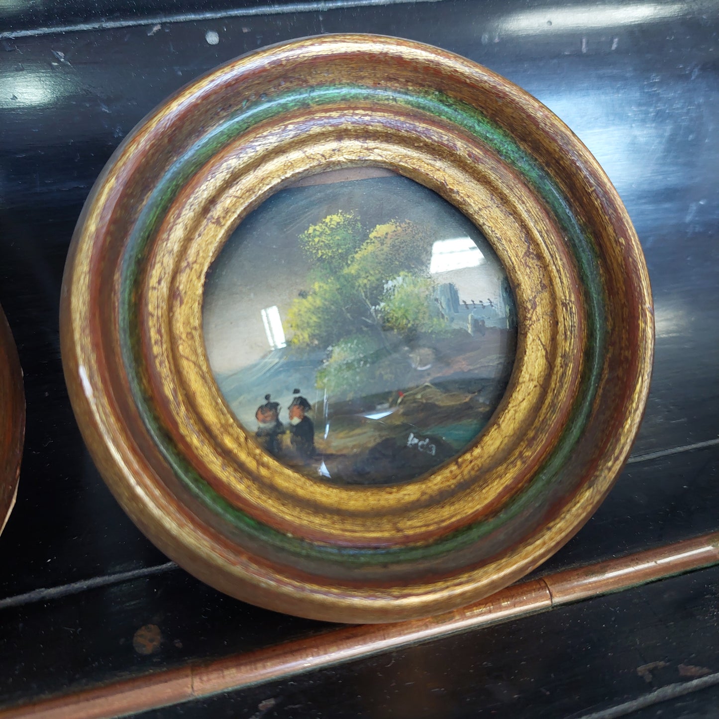 Coppia Quadretti Tondo Paesaggio Dipinto Olio Su Tela