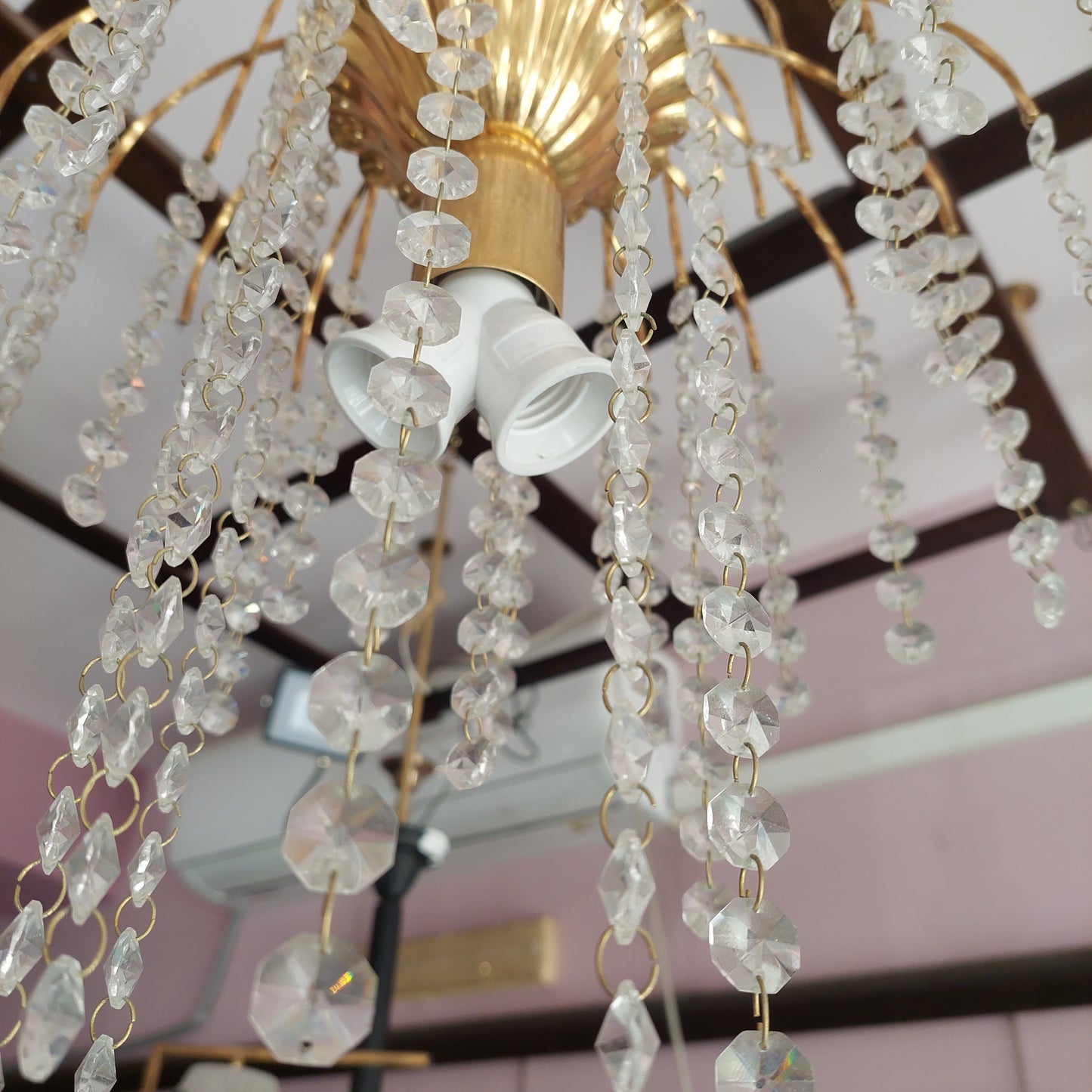 Lampadario "pioggia" Met. Dorato/brindoli Cristallo 1/l